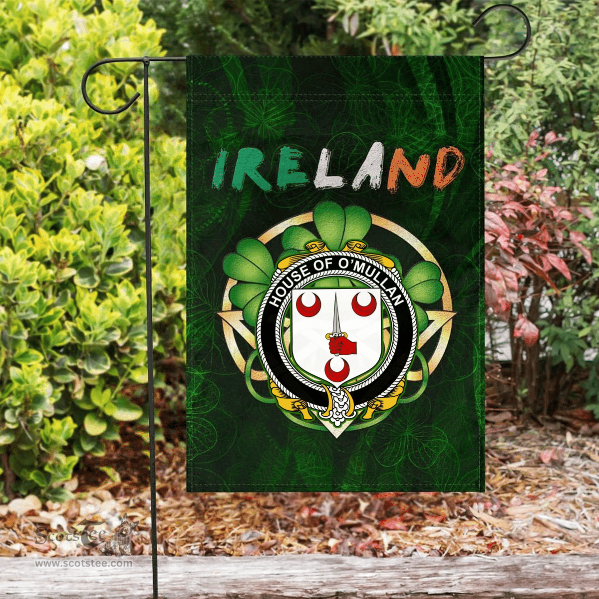 ScotsTee Shop Irish House of O'MULLAN Coat of Arms Irish Pride Garden Flag Irish Shamrock Flag
