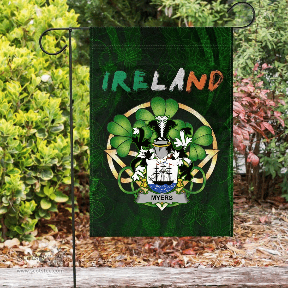ScotsTee Shop Irish Myers Coat of Arms Irish Pride Garden Flag Irish Shamrock Flag