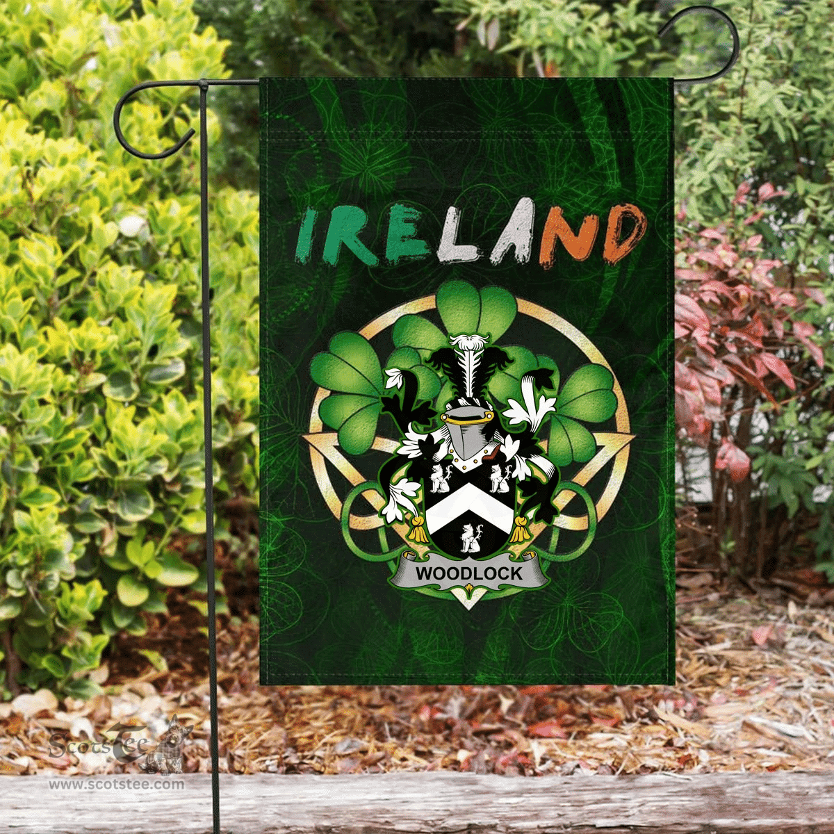 ScotsTee Shop Irish Woodlock Coat of Arms Irish Pride Garden Flag Irish Shamrock Flag