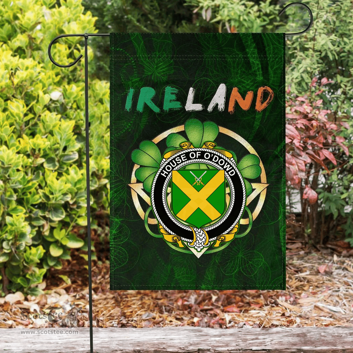 ScotsTee Shop Irish House of O'DOWD Coat of Arms Irish Pride Garden Flag Irish Shamrock Flag
