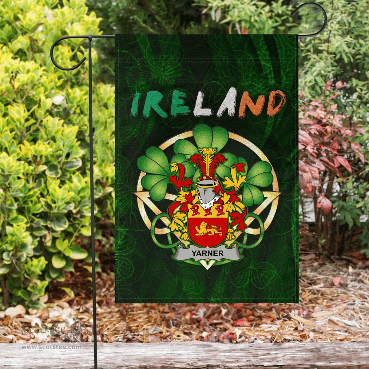 ScotsTee Shop Irish Yarner Coat of Arms Irish Pride Garden Flag Irish Shamrock Flag