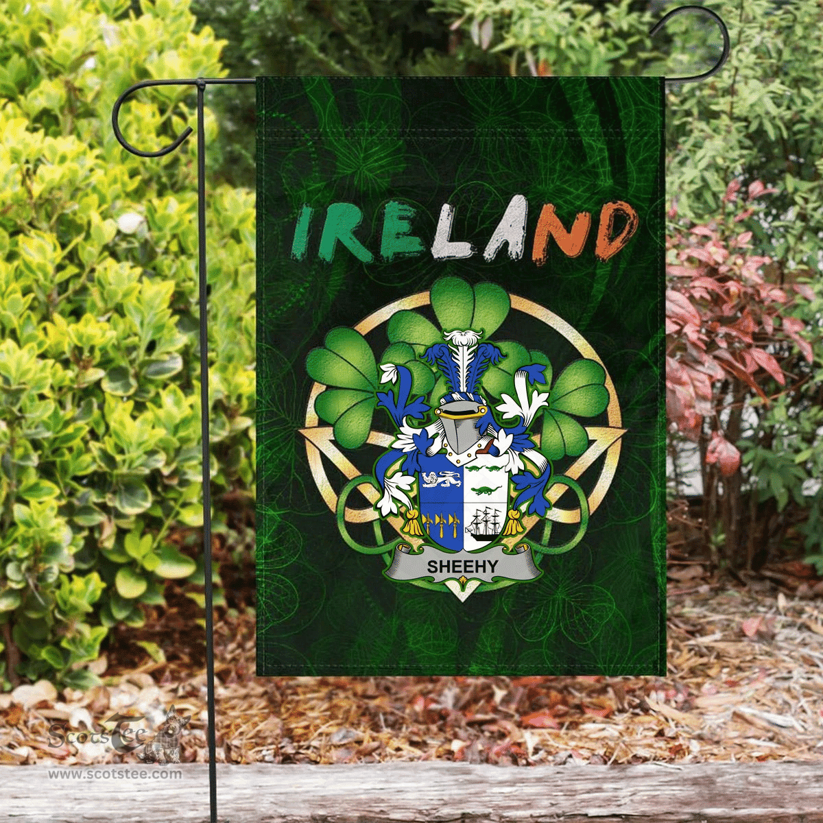 ScotsTee Shop Irish Sheehy or McSheehy Coat of Arms Irish Pride Garden Flag Irish Shamrock Flag