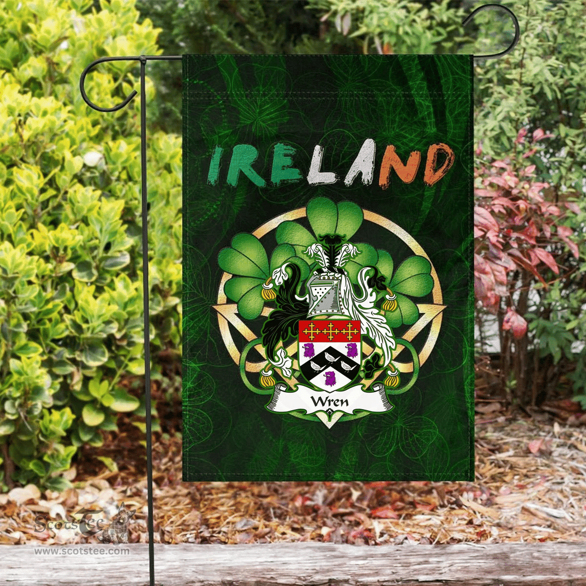 ScotsTee Shop Irish Wren or Wrenn Coat of Arms Irish Pride Garden Flag Irish Shamrock Flag