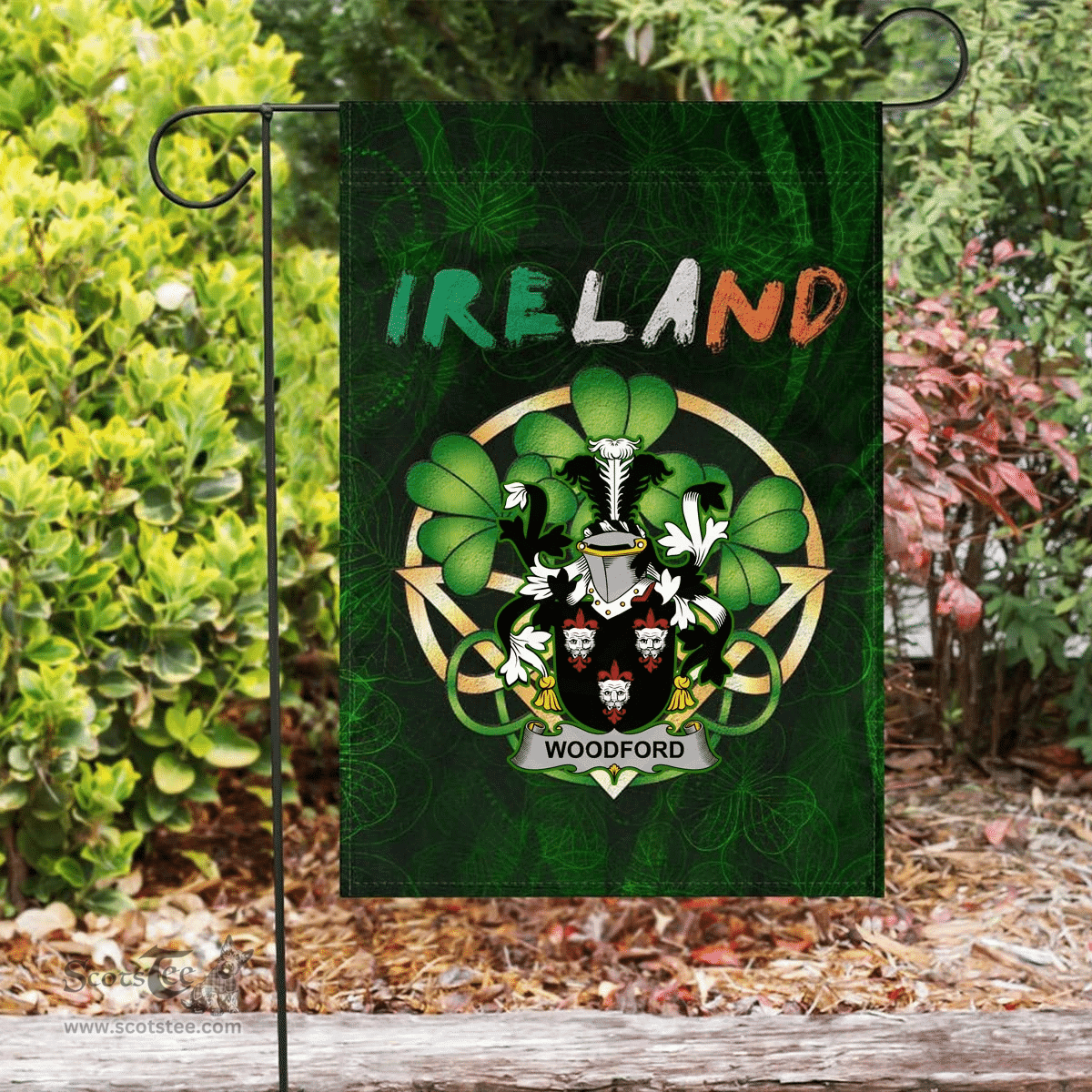 ScotsTee Shop Irish Woodford Coat of Arms Irish Pride Garden Flag Irish Shamrock Flag