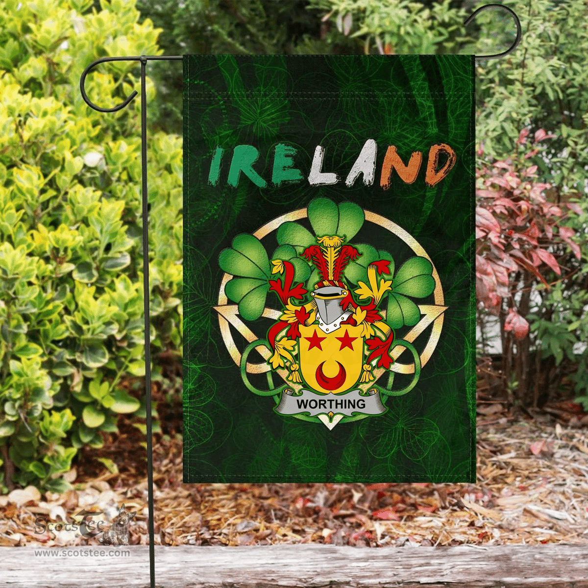 ScotsTee Shop Irish Worthing Coat of Arms Irish Pride Garden Flag Irish Shamrock Flag