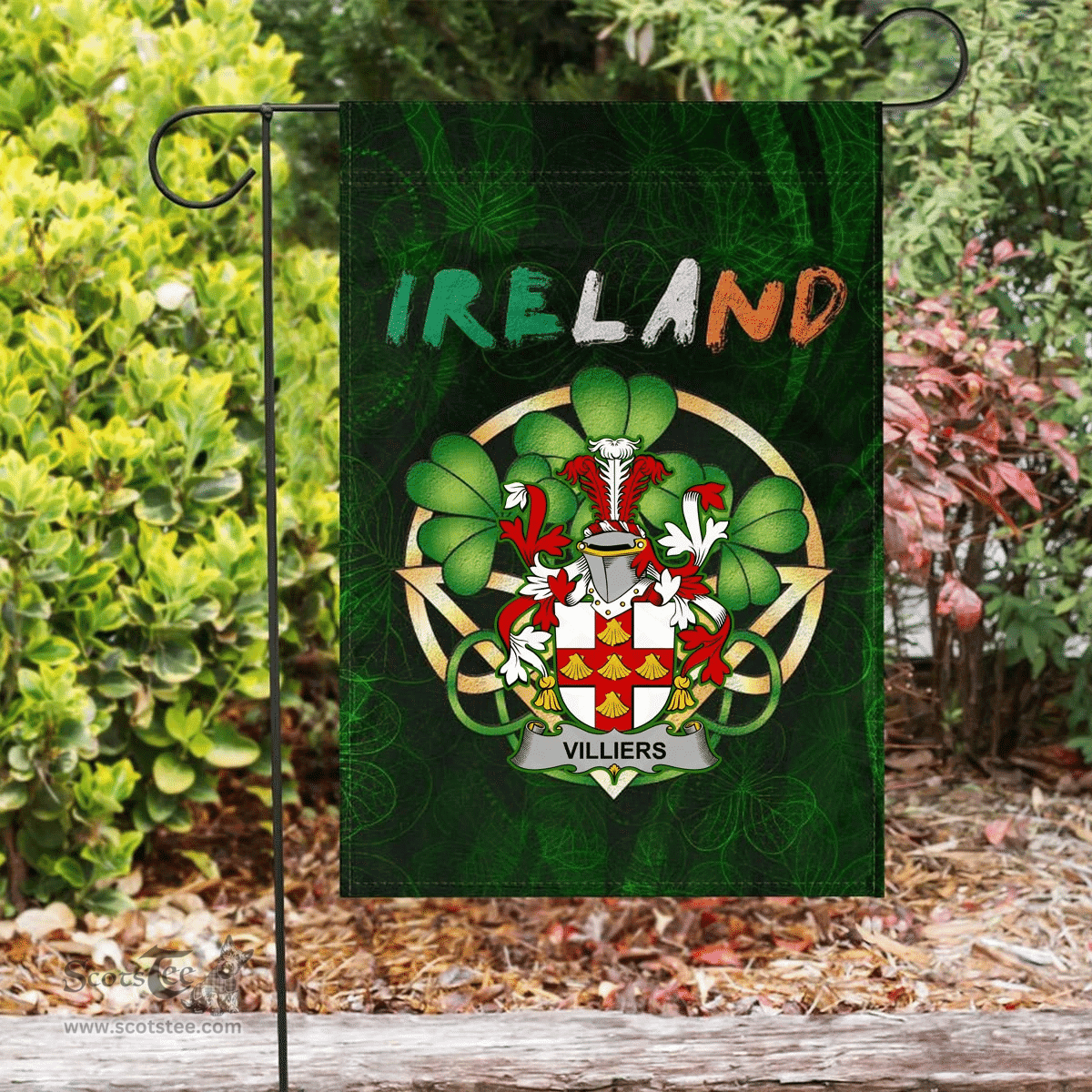 ScotsTee Shop Irish Villiers Coat of Arms Irish Pride Garden Flag Irish Shamrock Flag