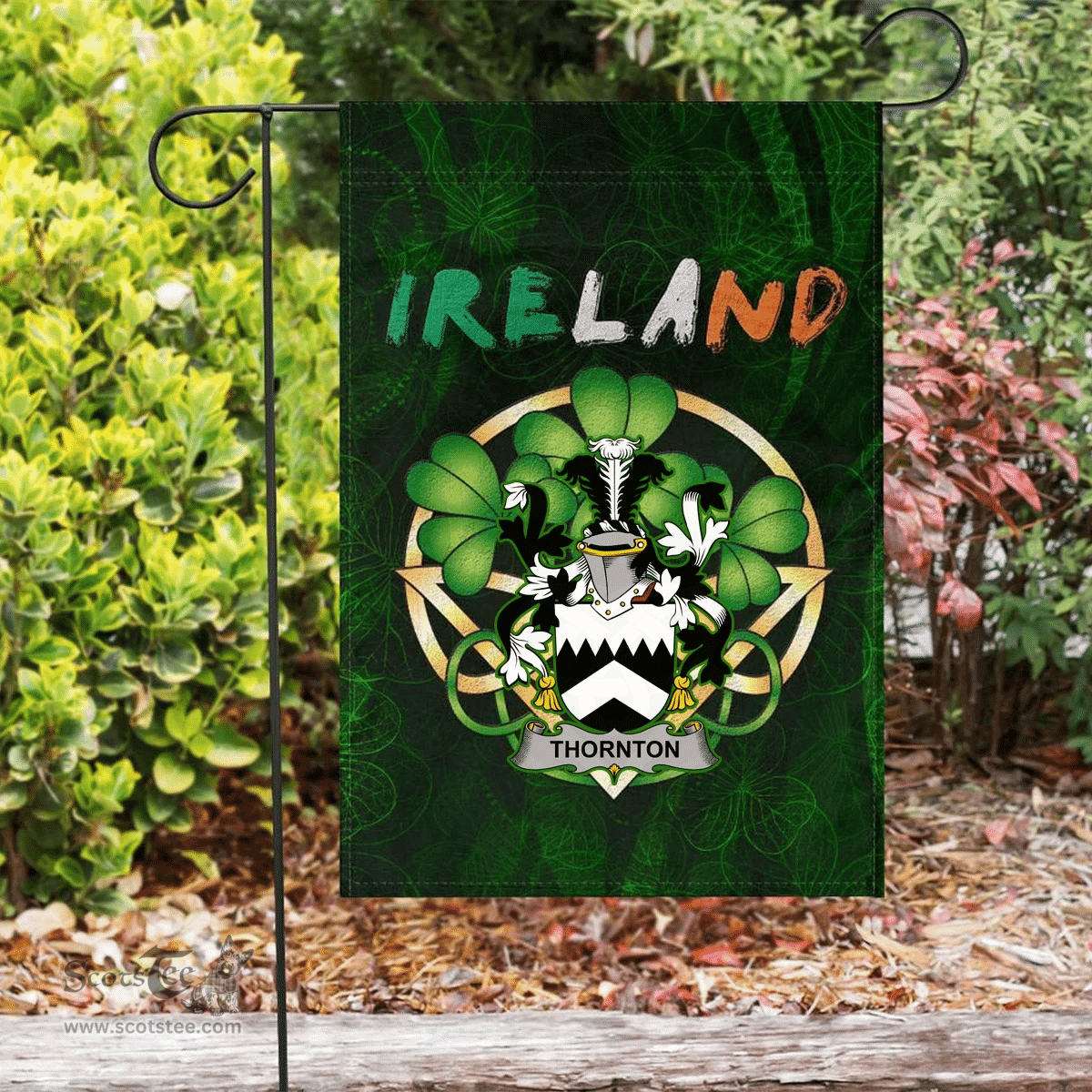 ScotsTee Shop Irish Thornton Coat of Arms Irish Pride Garden Flag Irish Shamrock Flag
