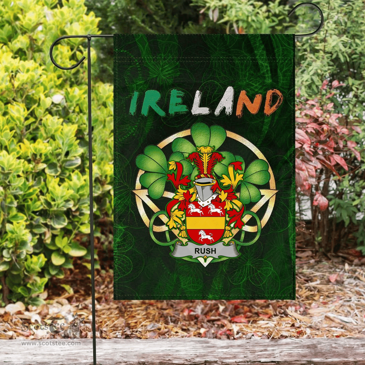 ScotsTee Shop Irish Rush Coat of Arms Irish Pride Garden Flag Irish Shamrock Flag