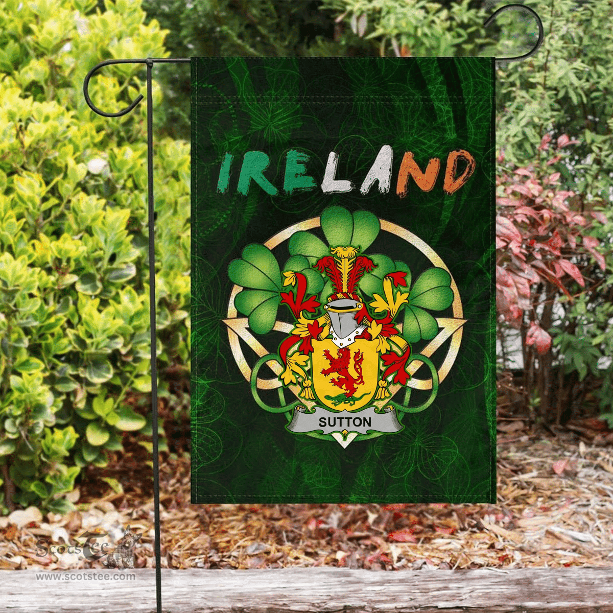 ScotsTee Shop Irish Sutton Coat of Arms Irish Pride Garden Flag Irish Shamrock Flag