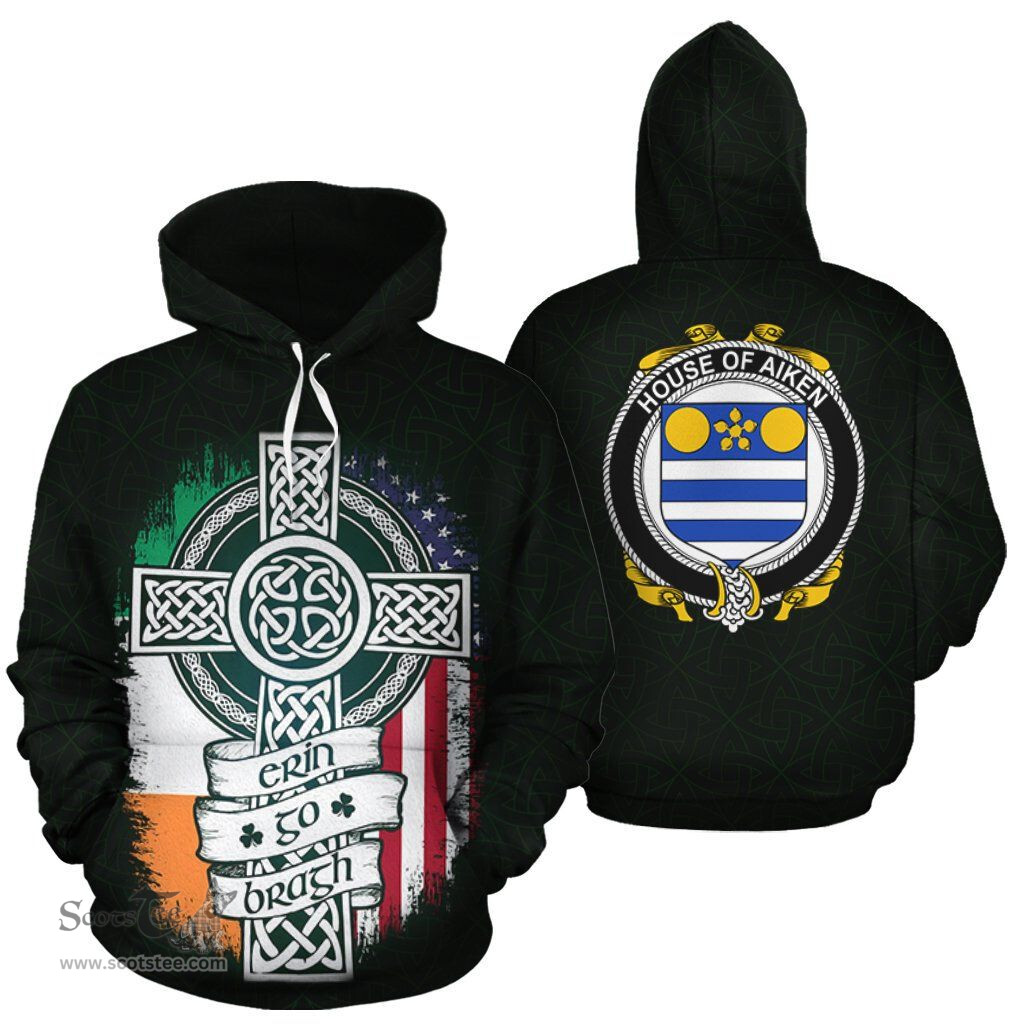 ScotsTee Shop Irish Aiken Coat of Arms Family Crest Ireland Hoodie Erin Go Bragh Hoodie