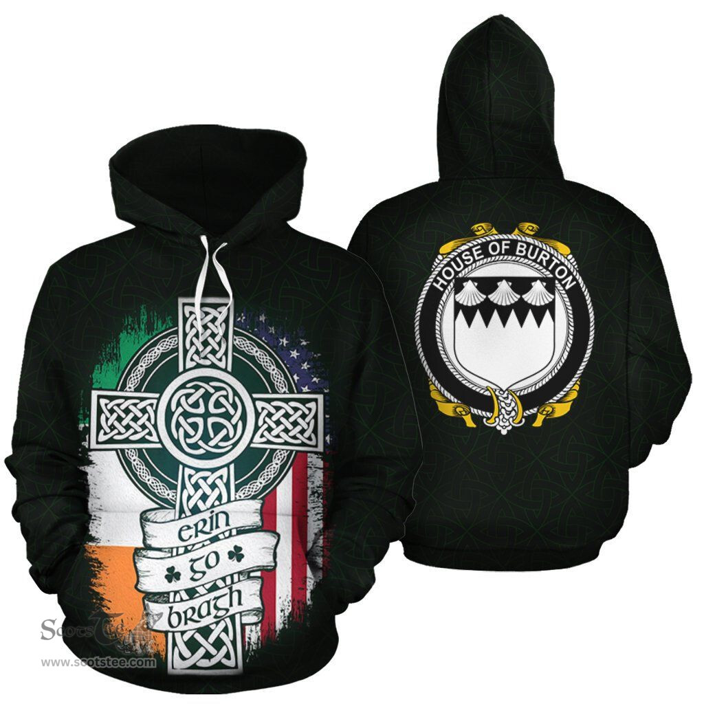 ScotsTee Shop Irish Burton Coat of Arms Family Crest Ireland Hoodie Erin Go Bragh Hoodie
