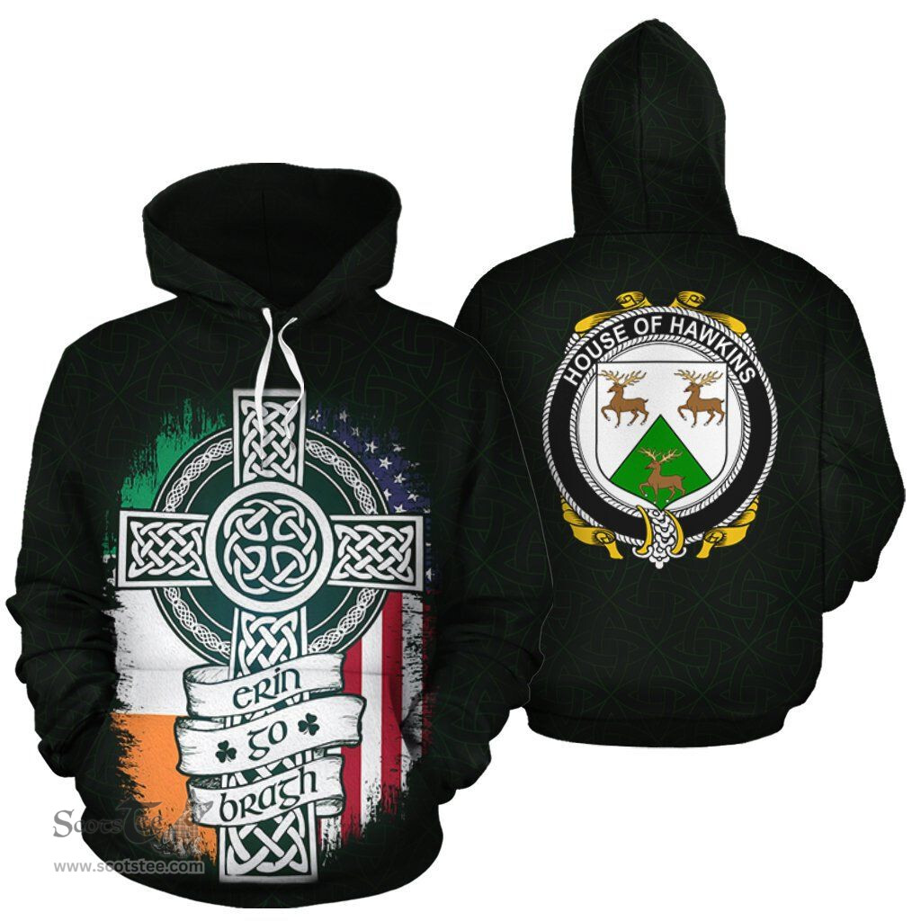 ScotsTee Shop Irish Hawkins Coat of Arms Family Crest Ireland Hoodie Erin Go Bragh Hoodie