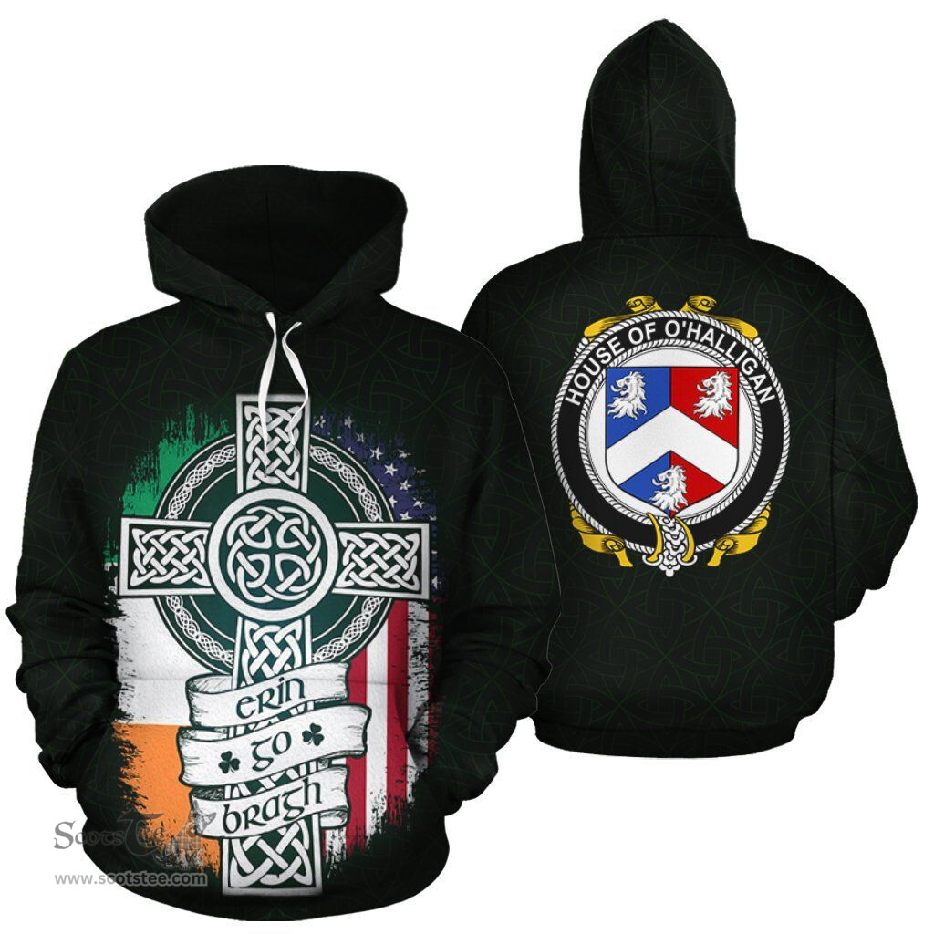 ScotsTee Shop Irish O'Halligan Coat of Arms Family Crest Ireland Hoodie Erin Go Bragh Hoodie