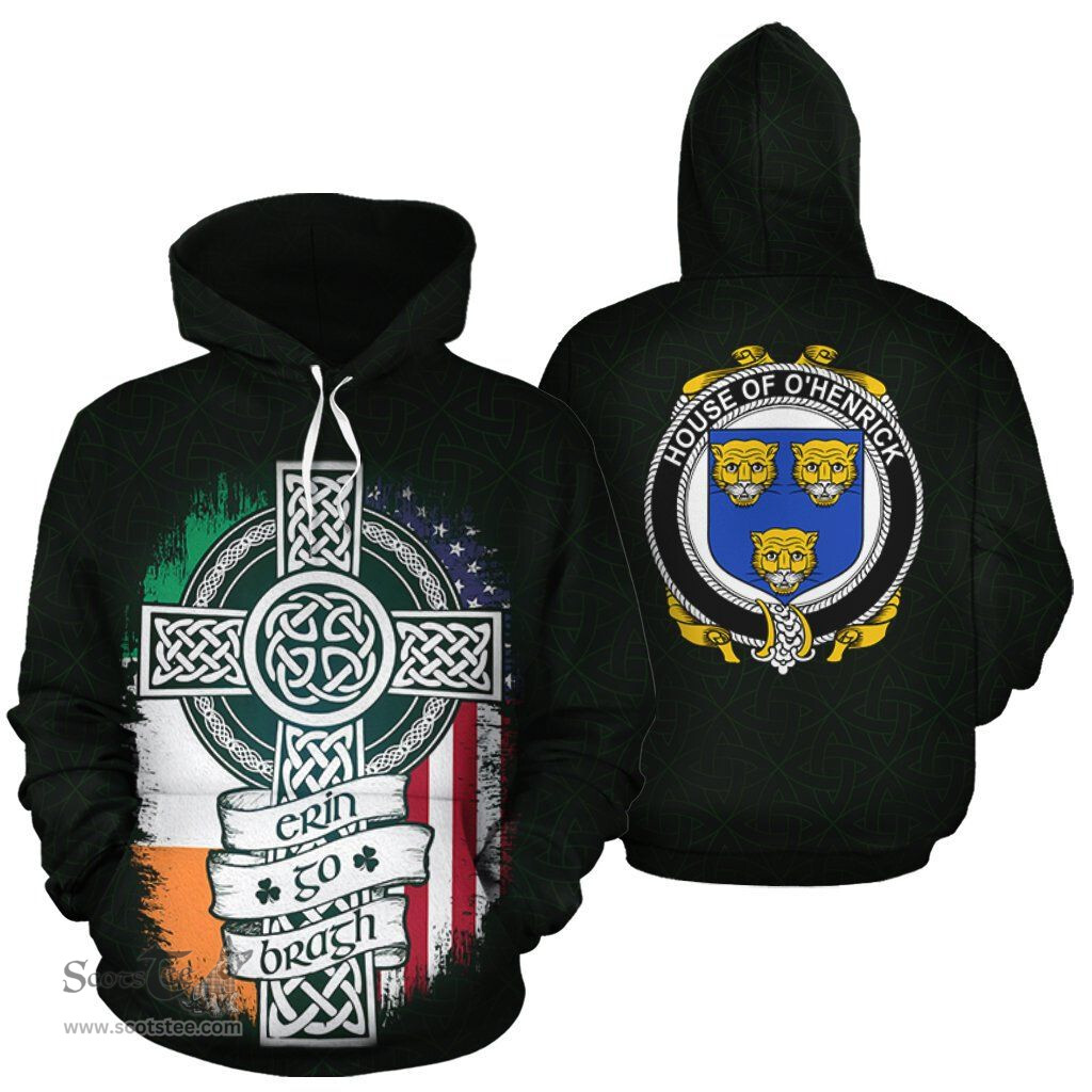 ScotsTee Shop Irish O'Henrick Coat of Arms Family Crest Ireland Hoodie Erin Go Bragh Hoodie