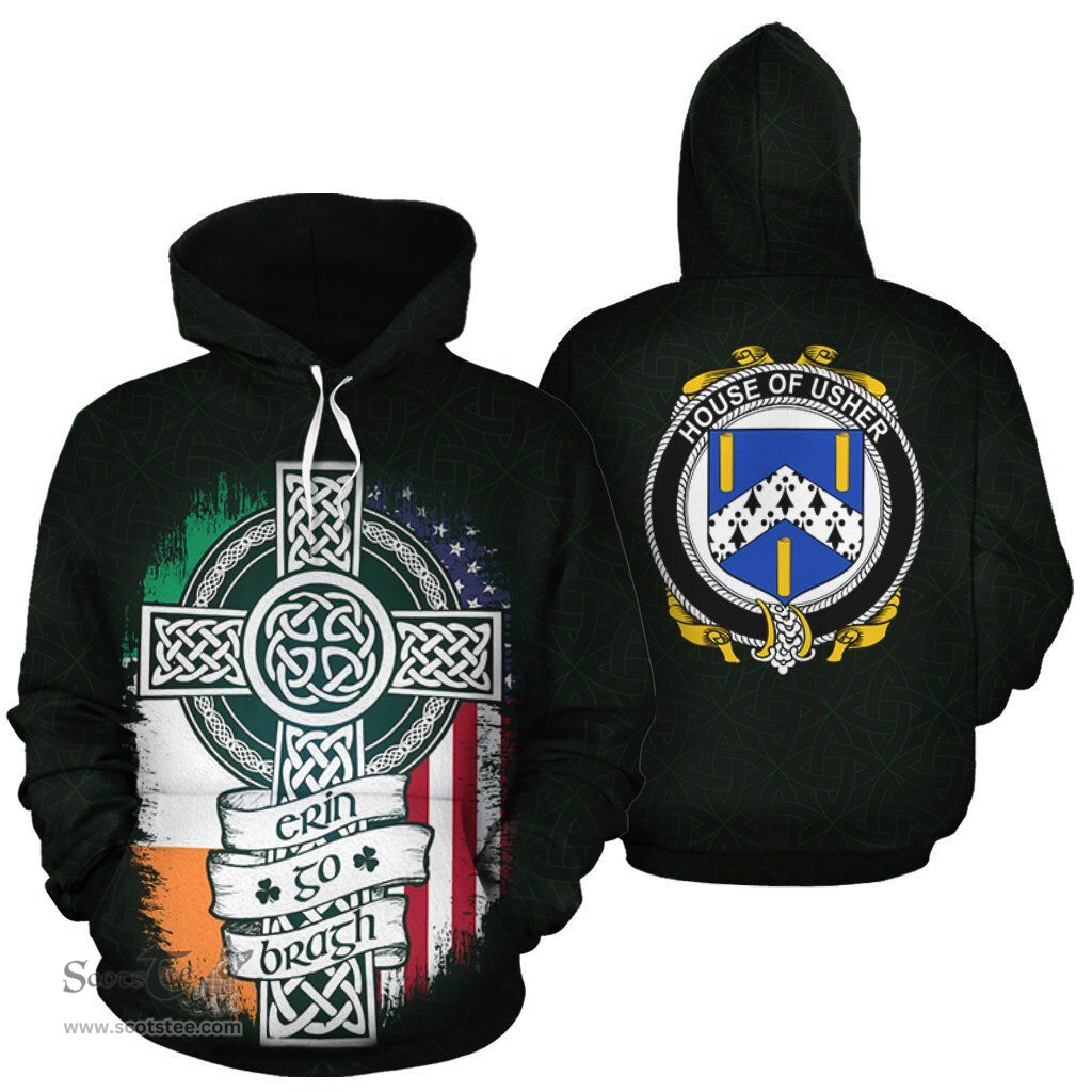 ScotsTee Shop Irish Usher Coat of Arms Family Crest Ireland Hoodie Erin Go Bragh Hoodie