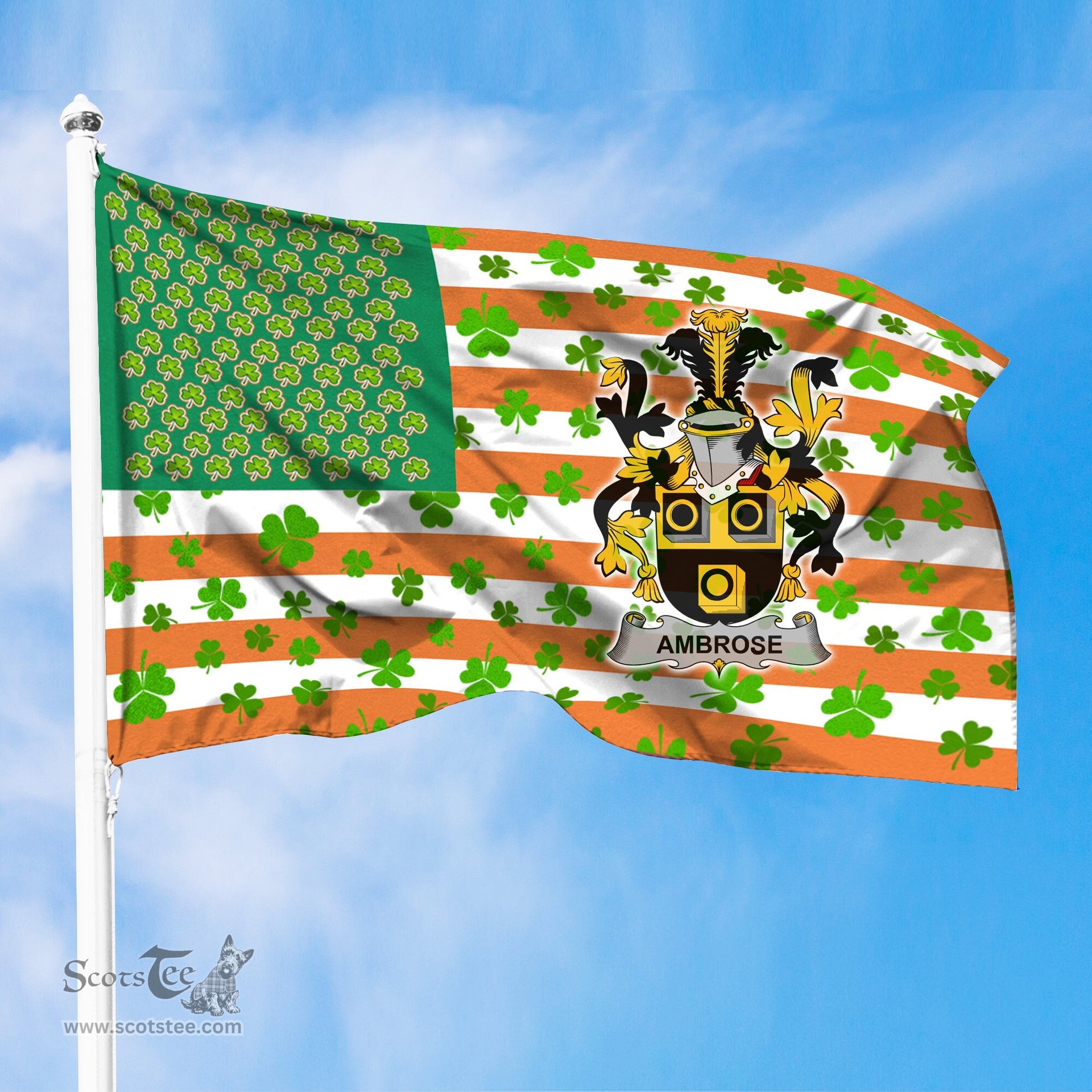 ScotsTee Shop Irish Ambrose Coat of Arms Irish Family Crest Flag Shamrock American Irish Flag