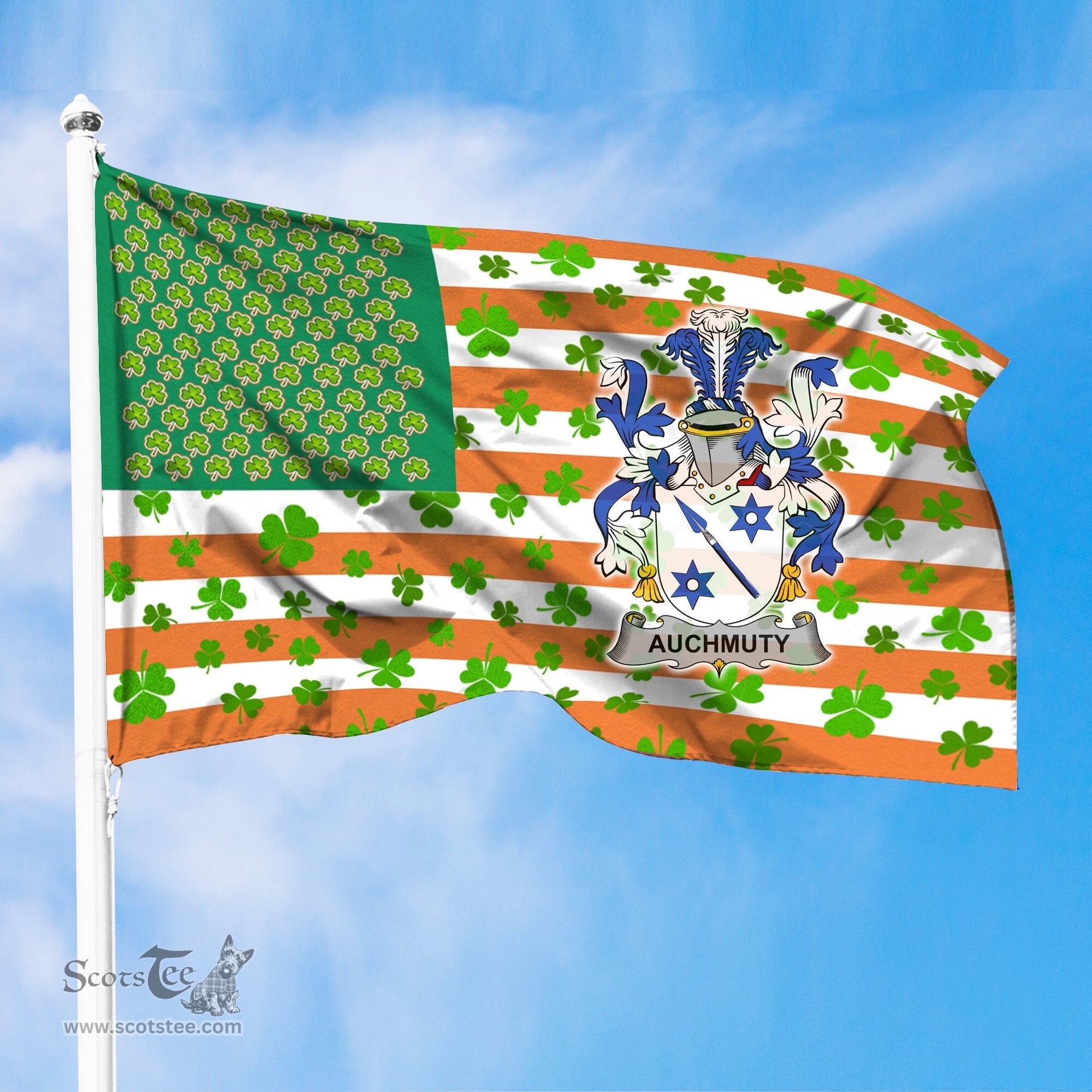ScotsTee Shop Irish Auchmuty Coat of Arms Irish Family Crest Flag Shamrock American Irish Flag