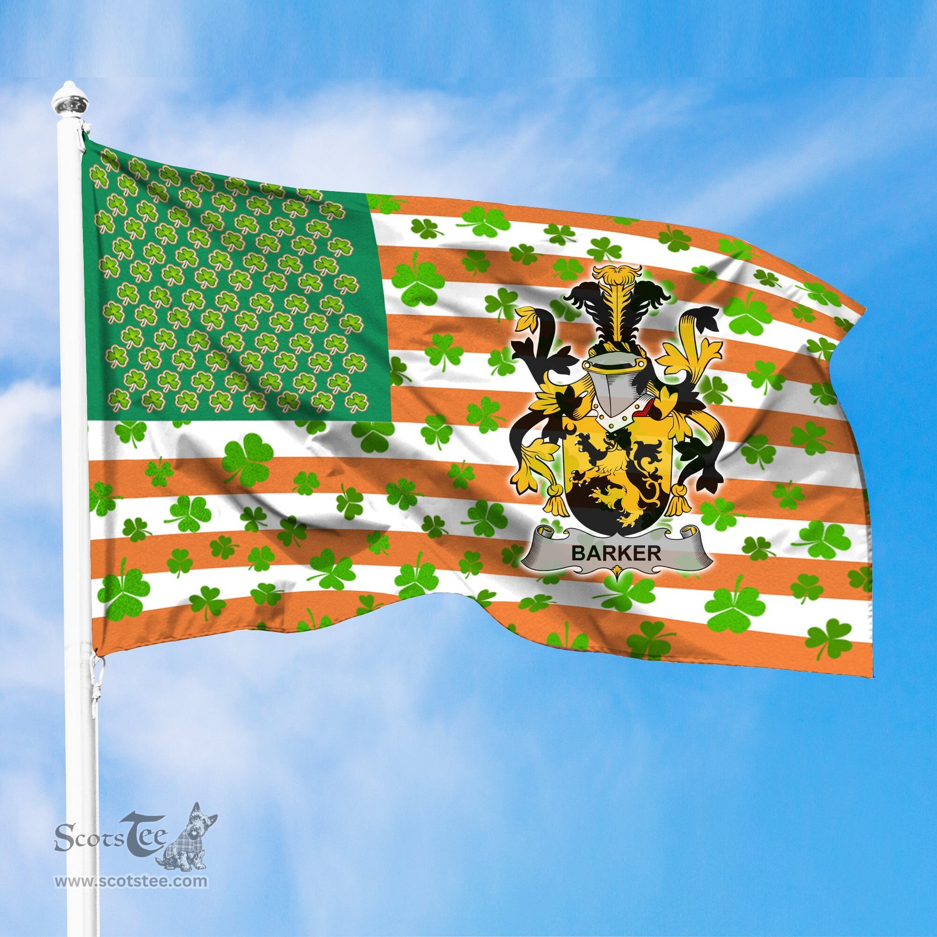 ScotsTee Shop Irish Barker Coat of Arms Irish Family Crest Flag Shamrock American Irish Flag