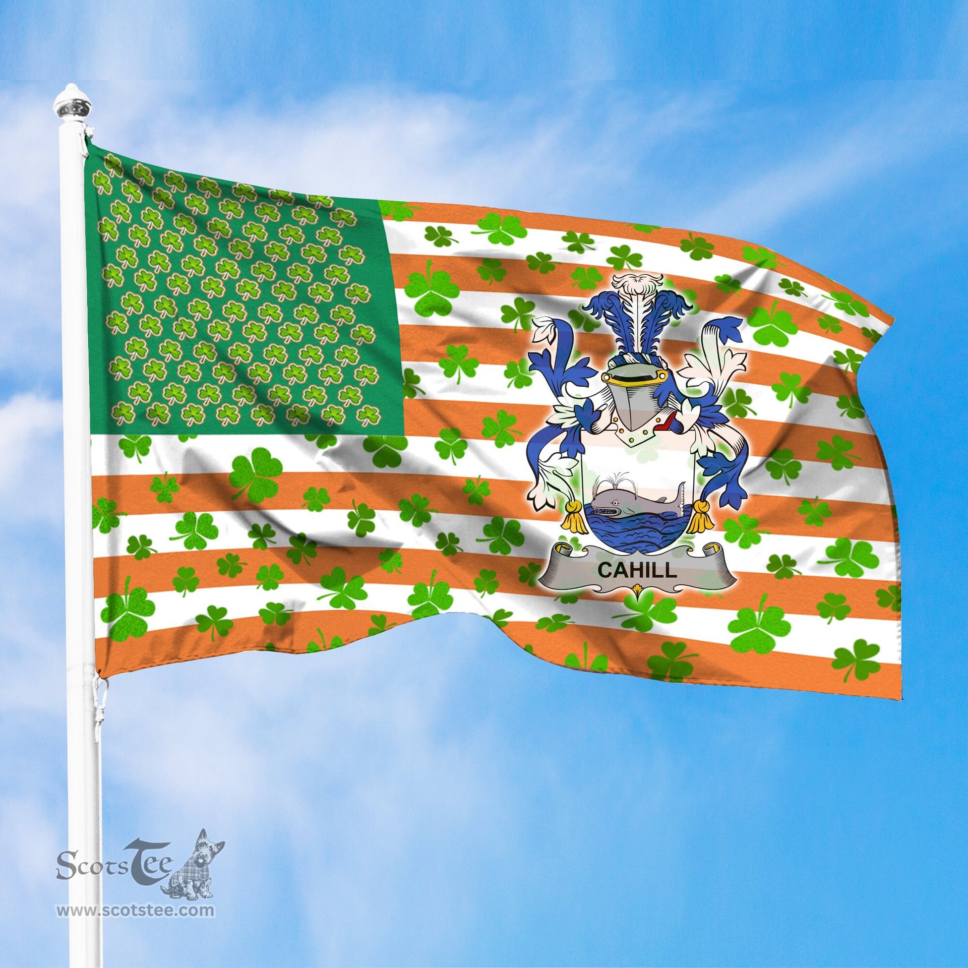 ScotsTee Shop Irish Cahill or O Cahill Coat of Arms Irish Family Crest Flag Shamrock American Irish Flag