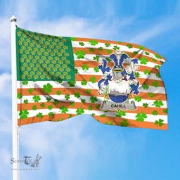 ScotsTee Shop Irish Cahill or O Cahill Coat of Arms Irish Family Crest Flag Shamrock American Irish Flag