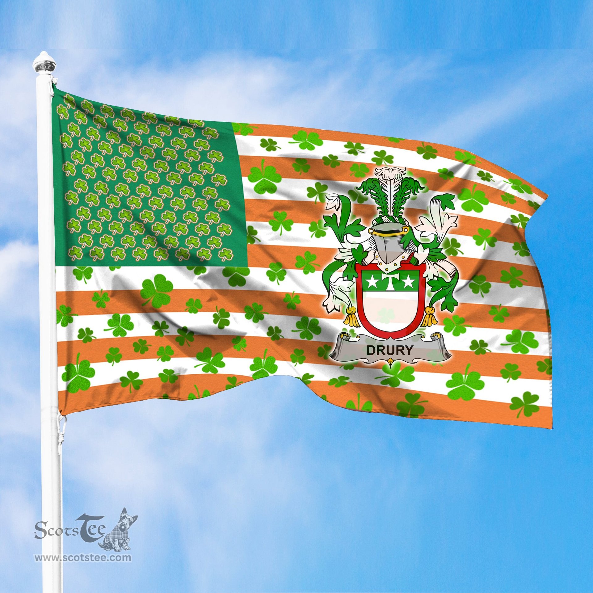 ScotsTee Shop Irish Drury or McDrury Coat of Arms Irish Family Crest Flag Shamrock American Irish Flag
