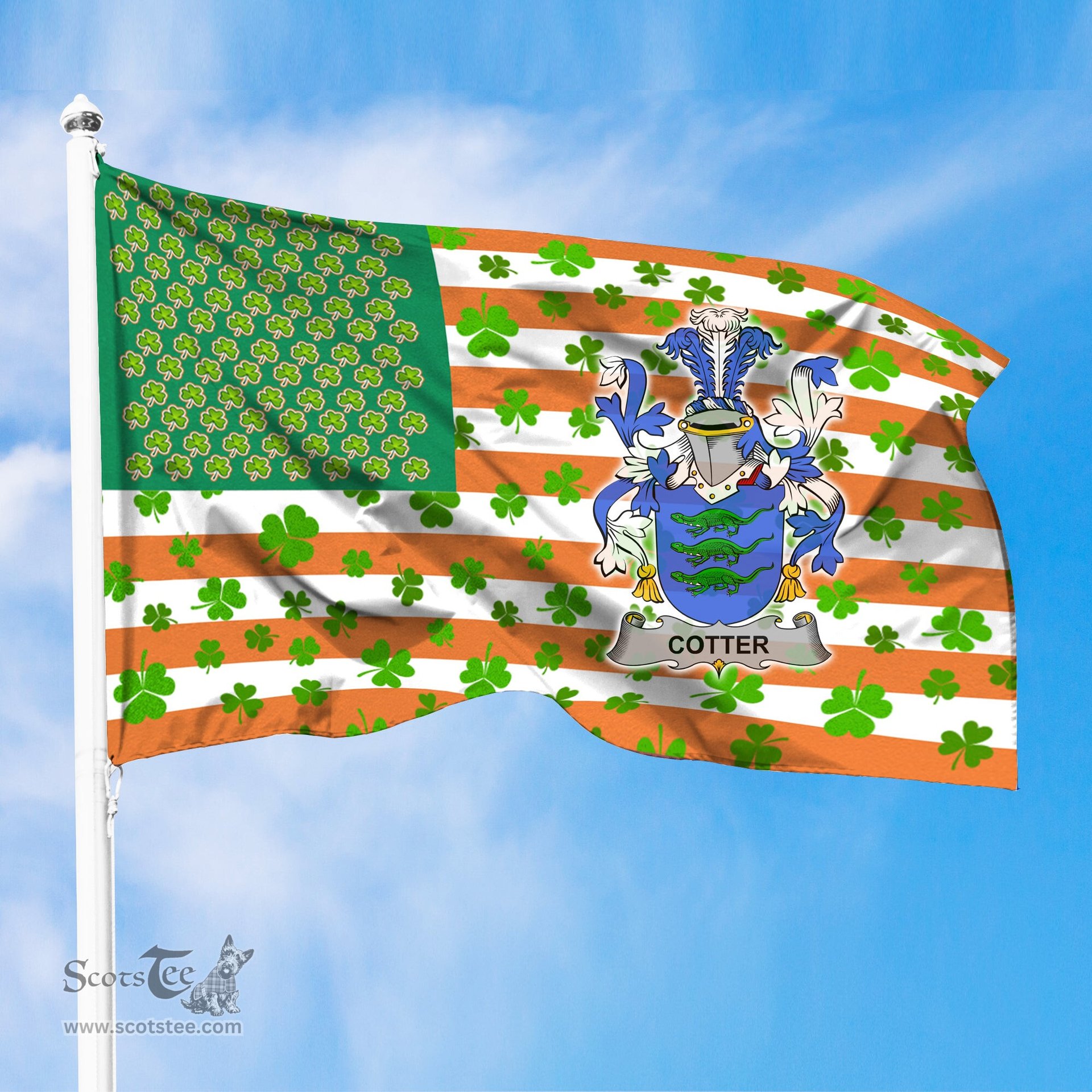 ScotsTee Shop Irish Cotter or MacCotter Coat of Arms Irish Family Crest Flag Shamrock American Irish Flag