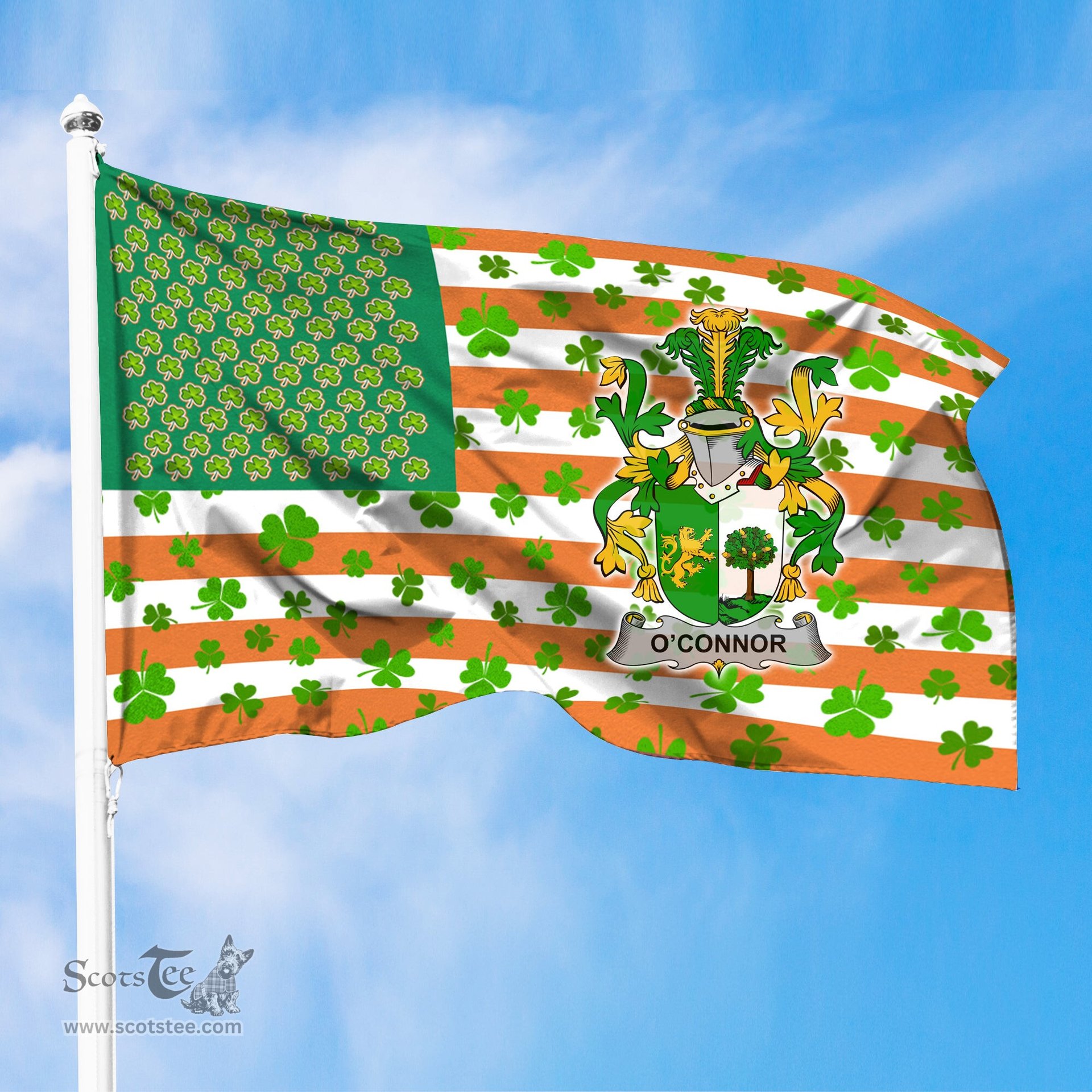 ScotsTee Shop Irish Connor or O Connor (Sligo) Coat of Arms Irish Family Crest Flag Shamrock American Irish Flag