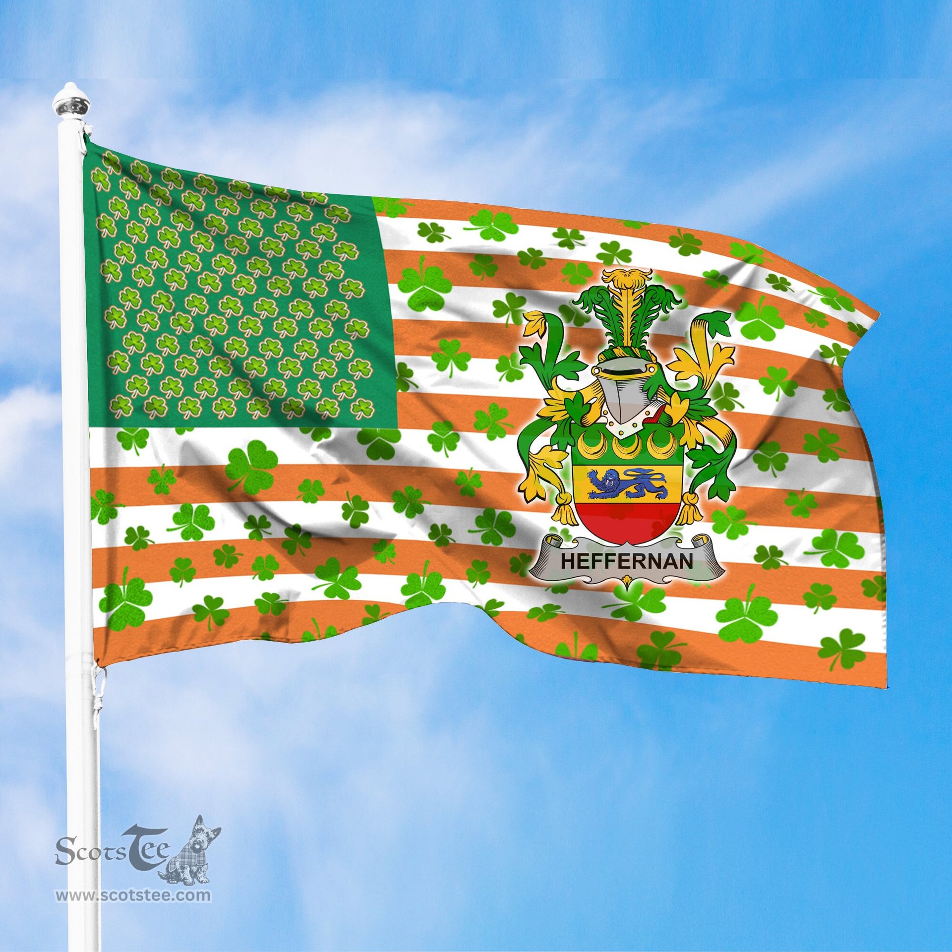 ScotsTee Shop Irish Heffernan or O Heffernan Coat of Arms Irish Family Crest Flag Shamrock American Irish Flag