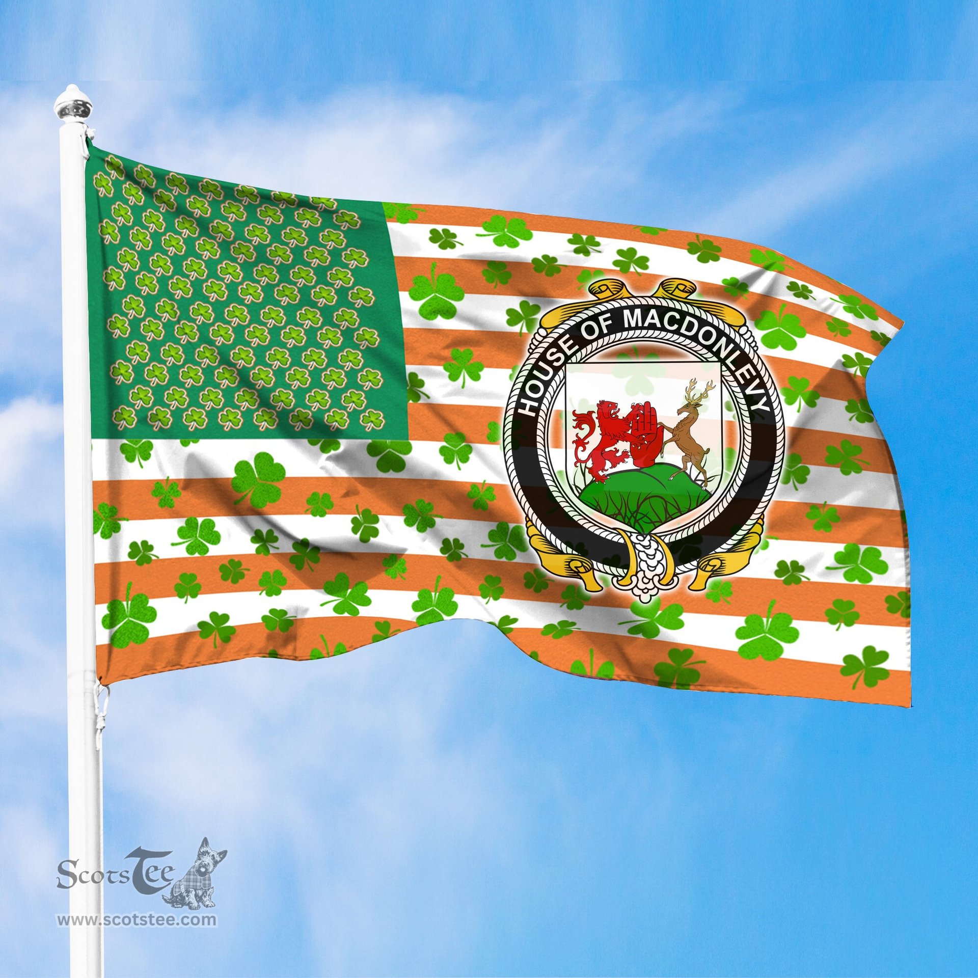 ScotsTee Shop Irish House of MACDONLEVY Coat of Arms Irish Family Crest Flag Shamrock American Irish Flag