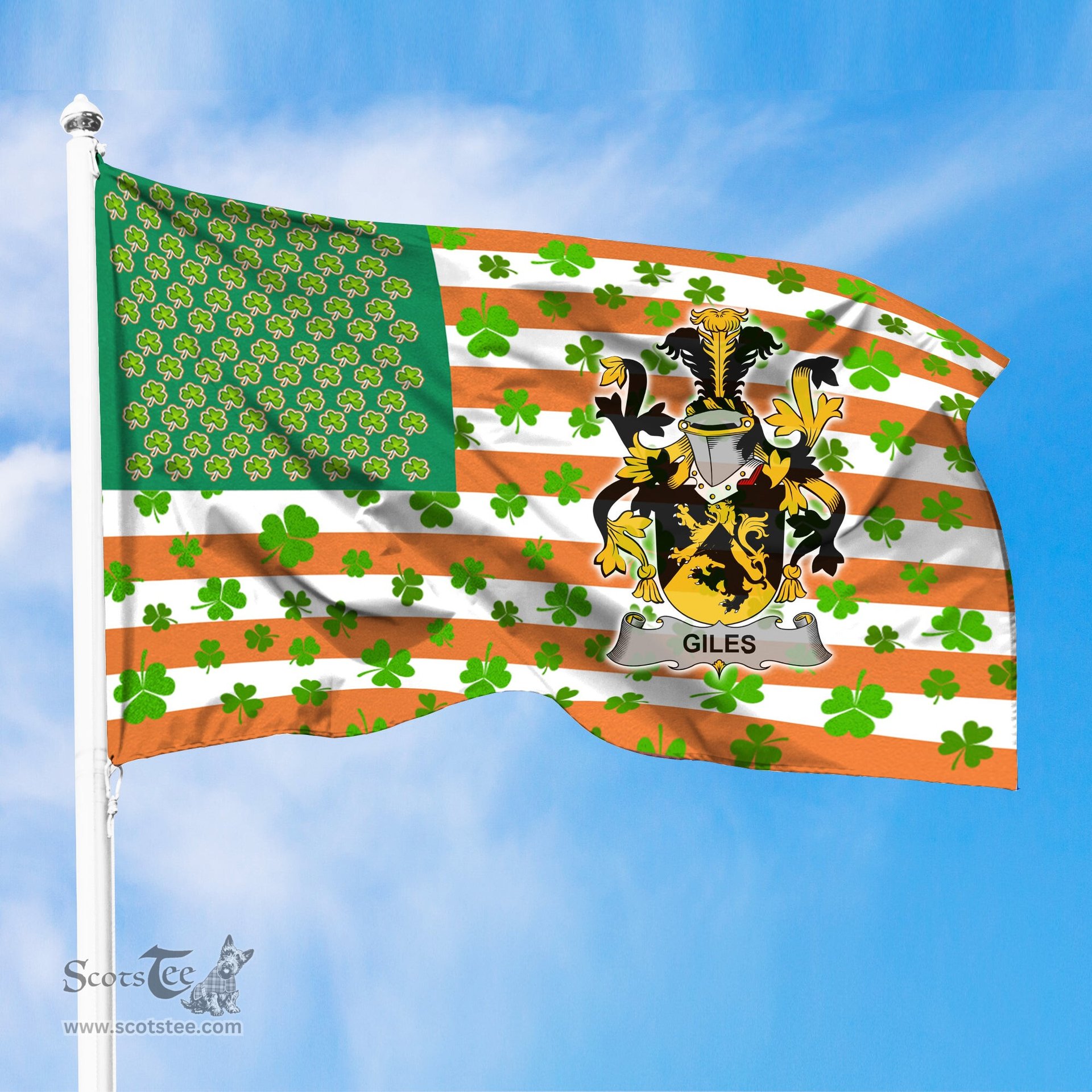 ScotsTee Shop Irish Giles or Gyles Coat of Arms Irish Family Crest Flag Shamrock American Irish Flag