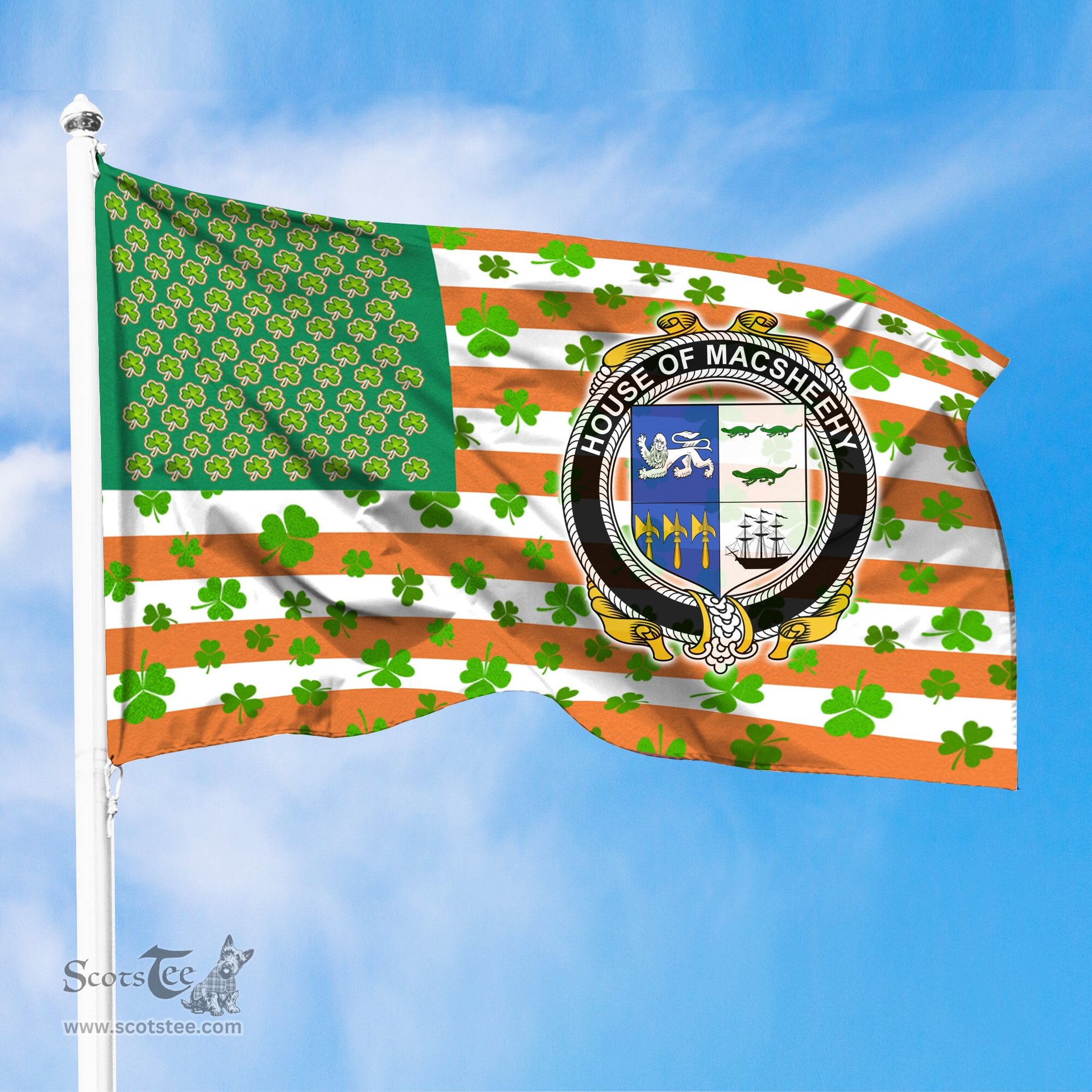 ScotsTee Shop Irish House of MACSHEEHY Coat of Arms Irish Family Crest Flag Shamrock American Irish Flag