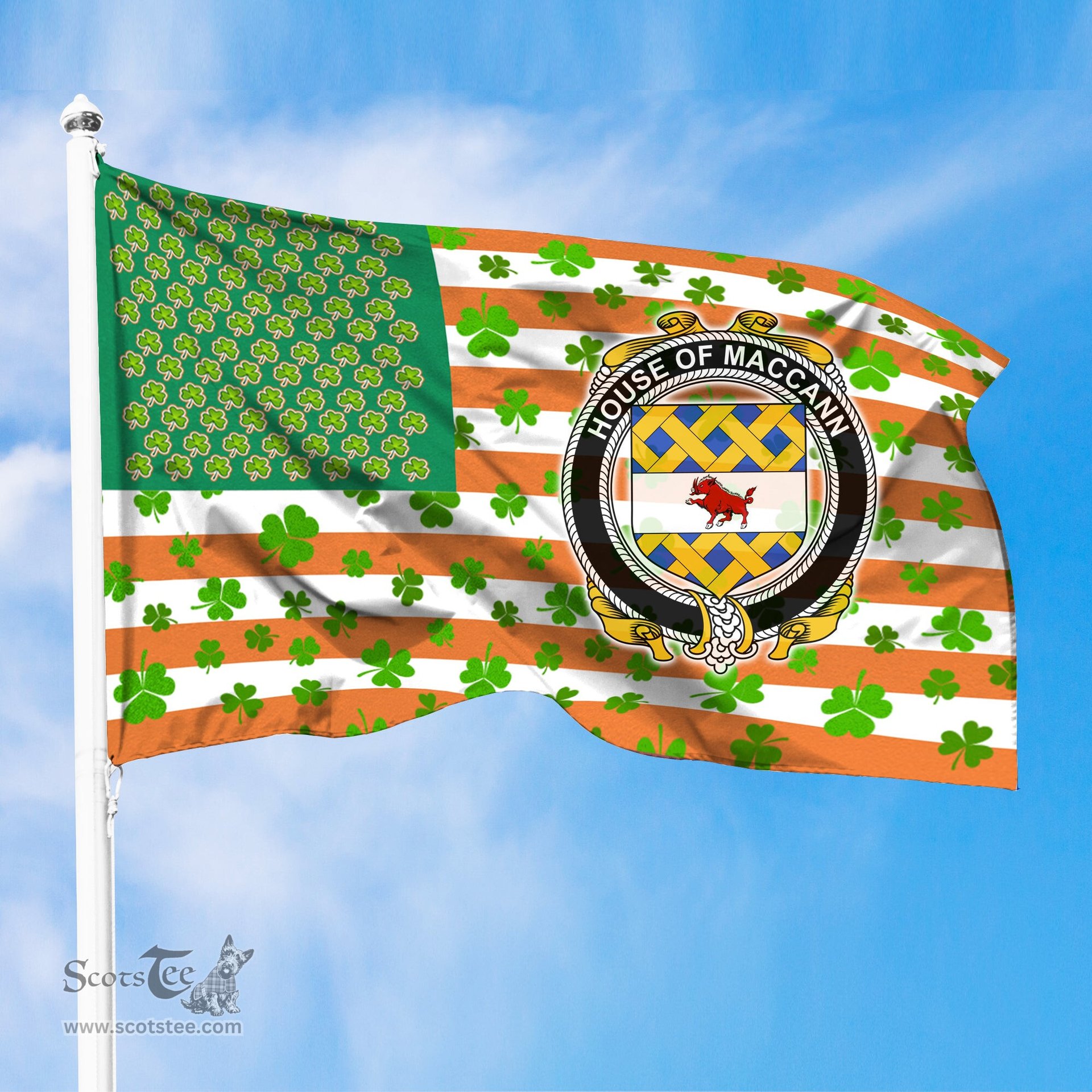 ScotsTee Shop Irish House of MACCANN Coat of Arms Irish Family Crest Flag Shamrock American Irish Flag