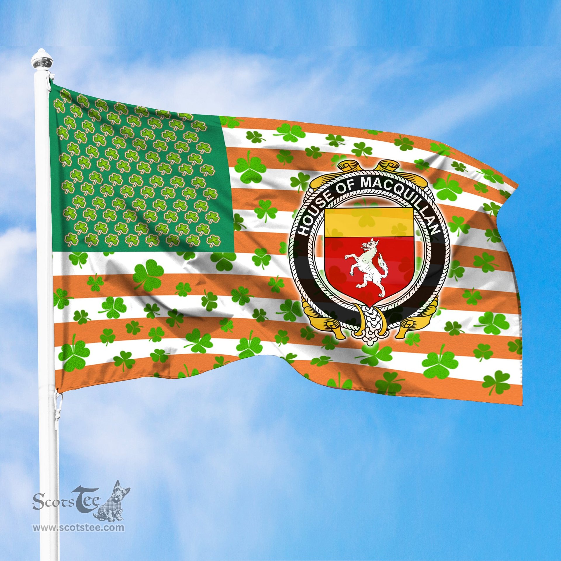ScotsTee Shop Irish House of MACQUILLAN Coat of Arms Irish Family Crest Flag Shamrock American Irish Flag