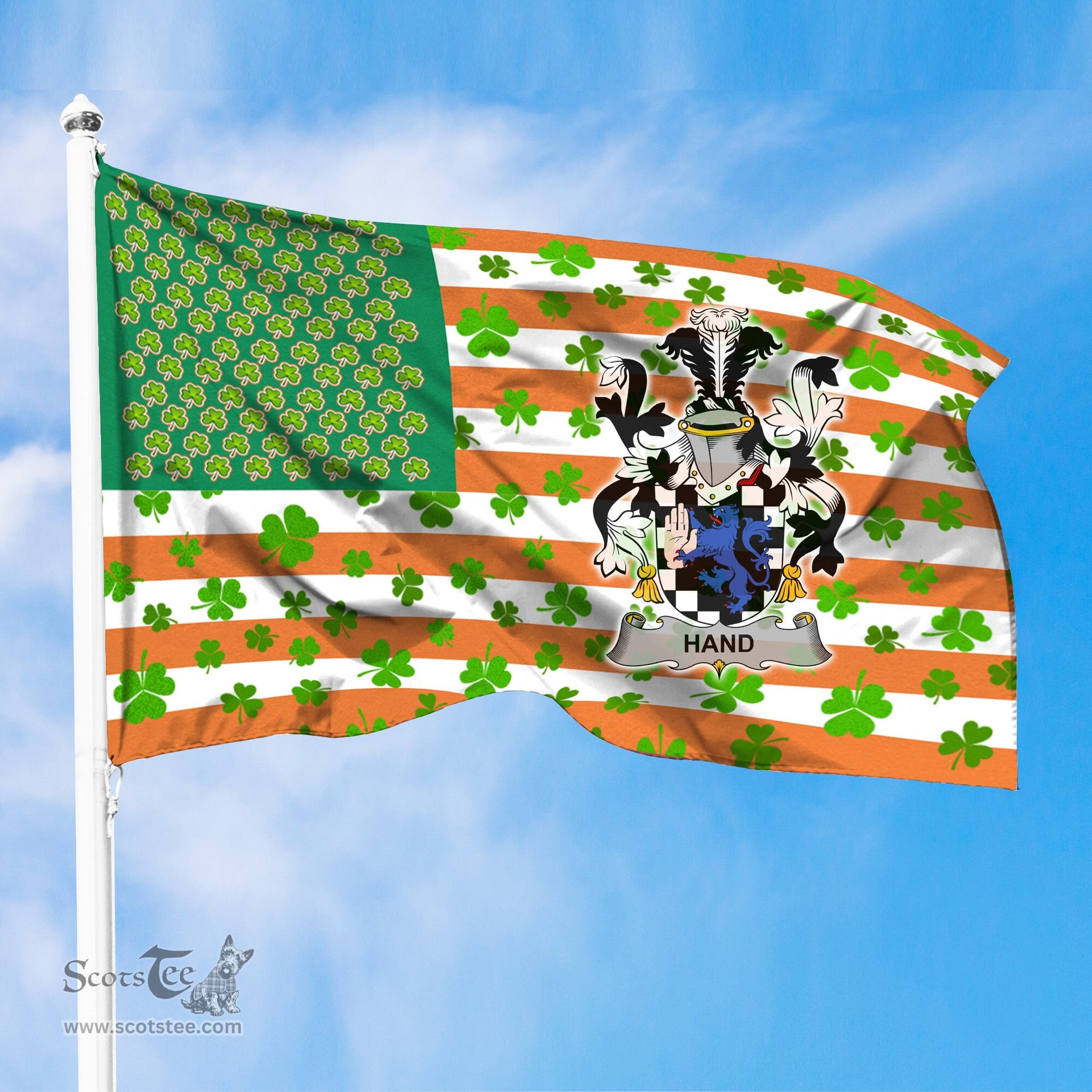 ScotsTee Shop Irish Hand or McClave Coat of Arms Irish Family Crest Flag Shamrock American Irish Flag