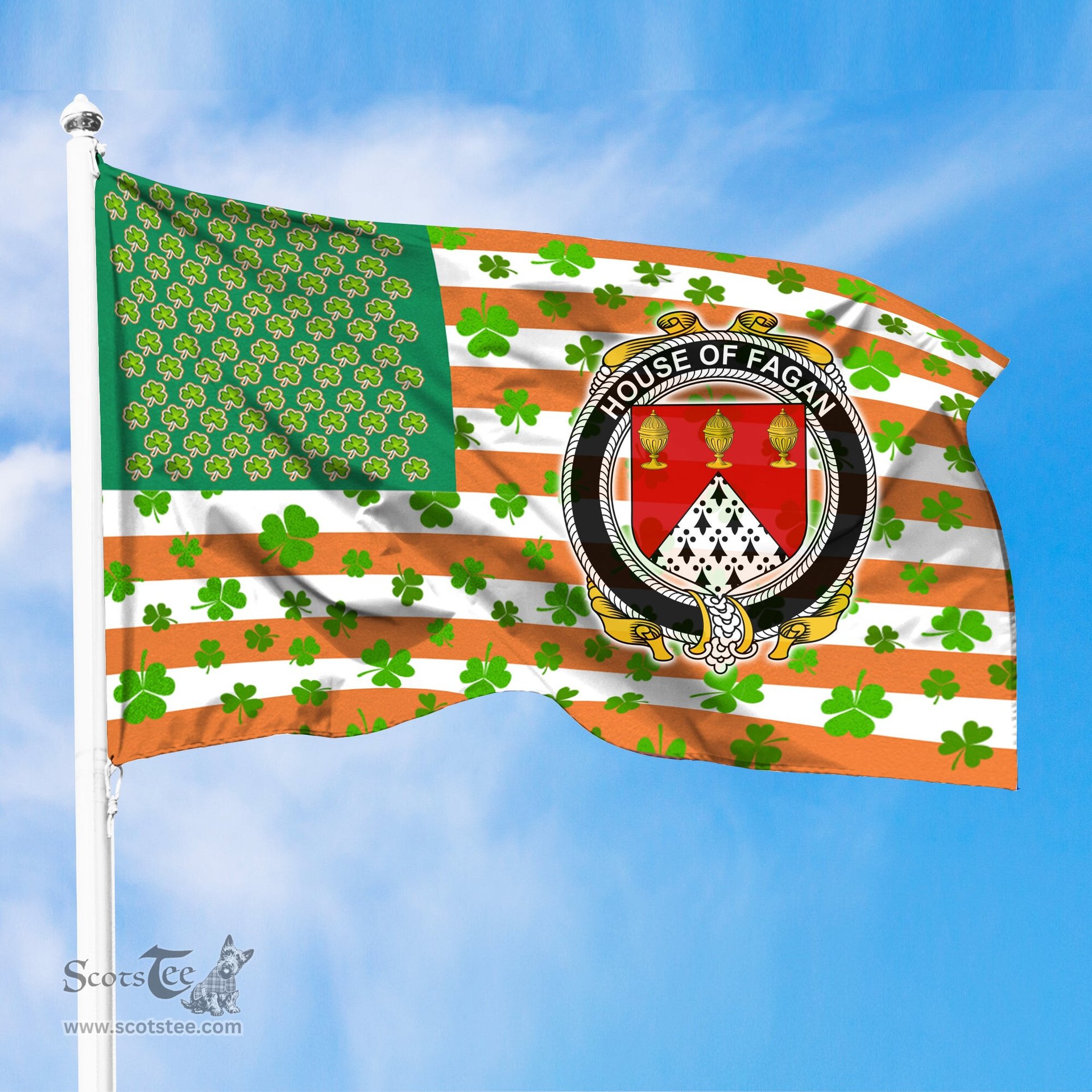 ScotsTee Shop Irish House of FAGAN Coat of Arms Irish Family Crest Flag Shamrock American Irish Flag