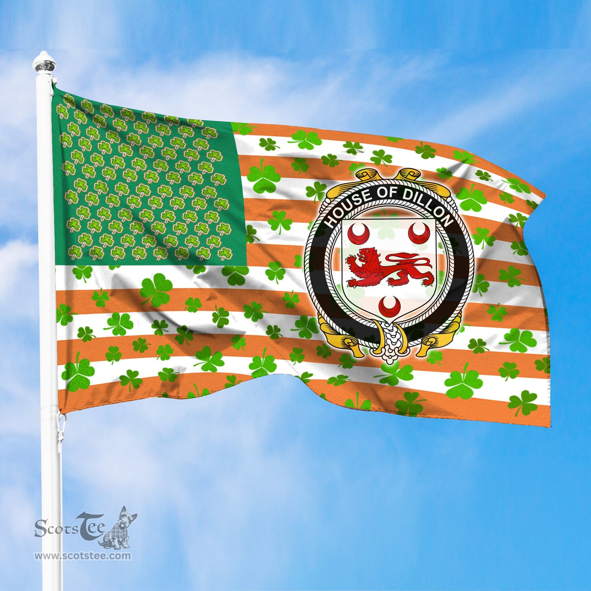 ScotsTee Shop Irish House of DILLON Coat of Arms Irish Family Crest Flag Shamrock American Irish Flag