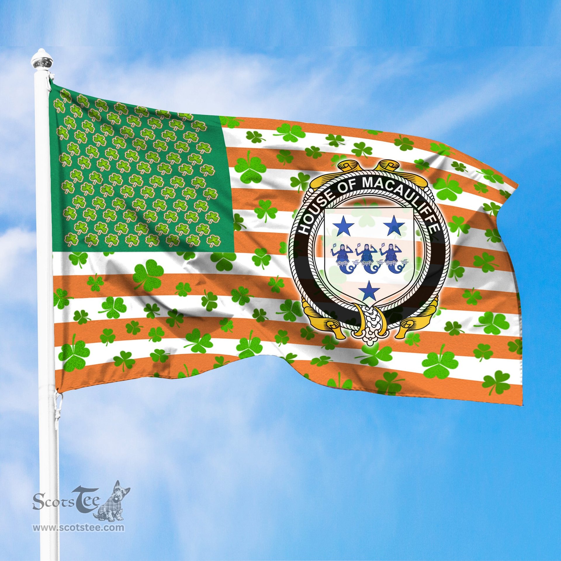 ScotsTee Shop Irish House of MACAULIFFE Coat of Arms Irish Family Crest Flag Shamrock American Irish Flag