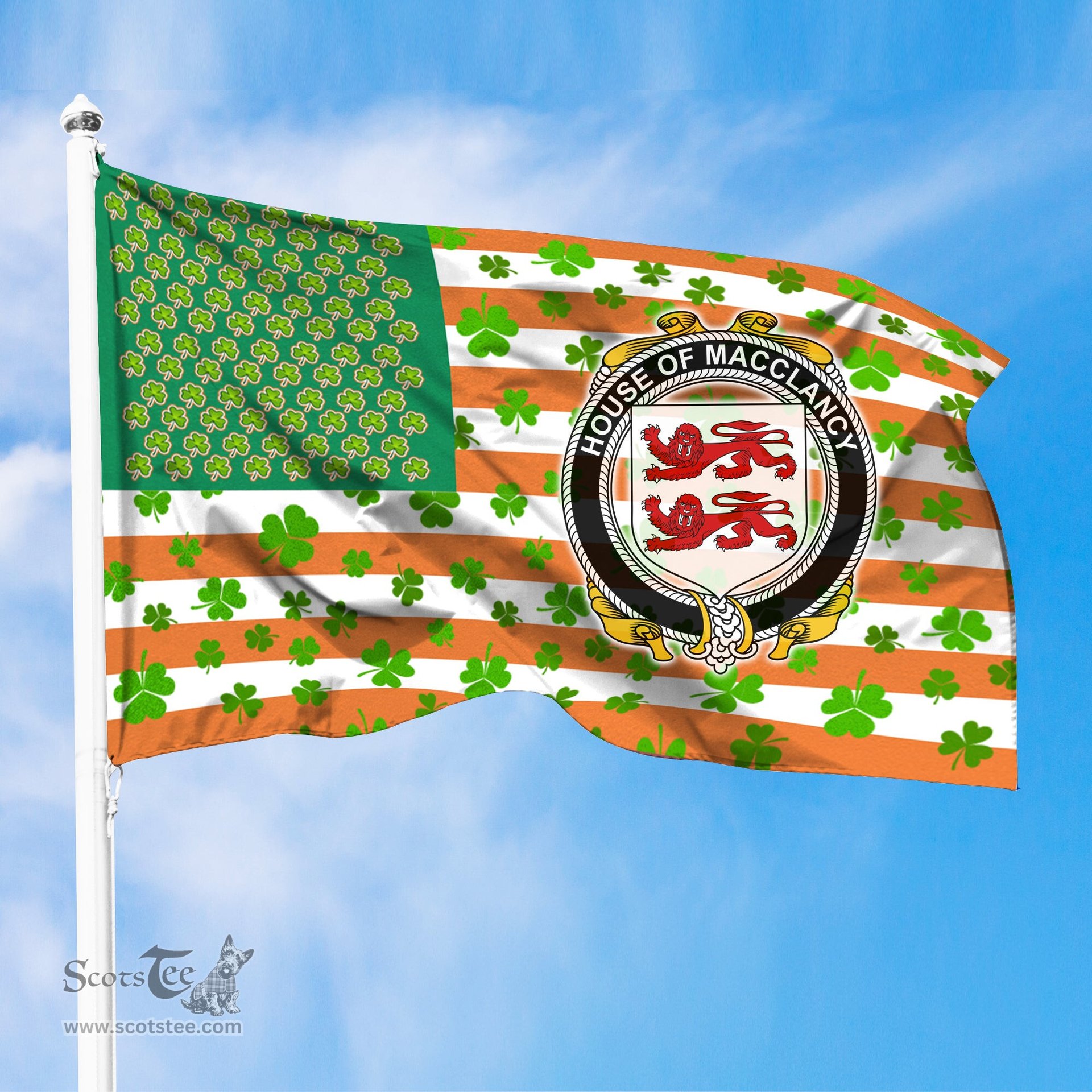 ScotsTee Shop Irish House of MACCLANCY Coat of Arms Irish Family Crest Flag Shamrock American Irish Flag