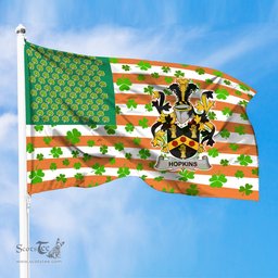 ScotsTee Shop Irish Hopkins Coat of Arms Irish Family Crest Flag Shamrock American Irish Flag