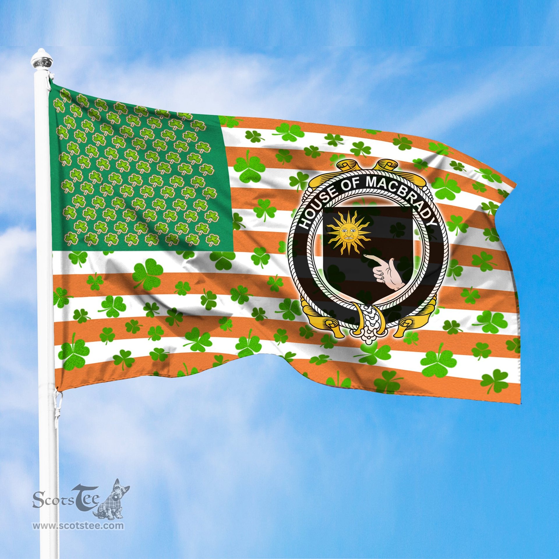 ScotsTee Shop Irish House of MACBRADY Coat of Arms Irish Family Crest Flag Shamrock American Irish Flag