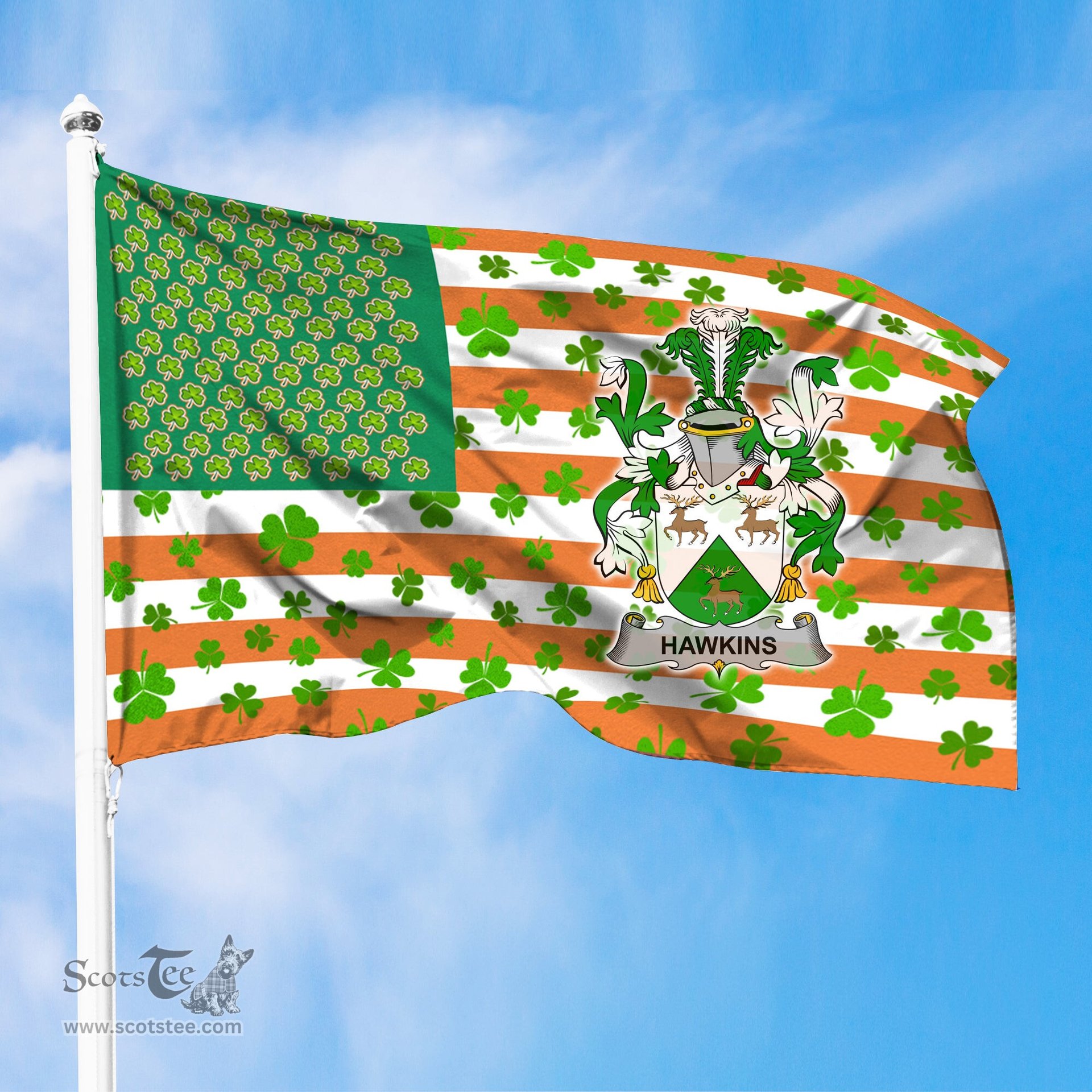 ScotsTee Shop Irish Hawkins or Haughan Coat of Arms Irish Family Crest Flag Shamrock American Irish Flag