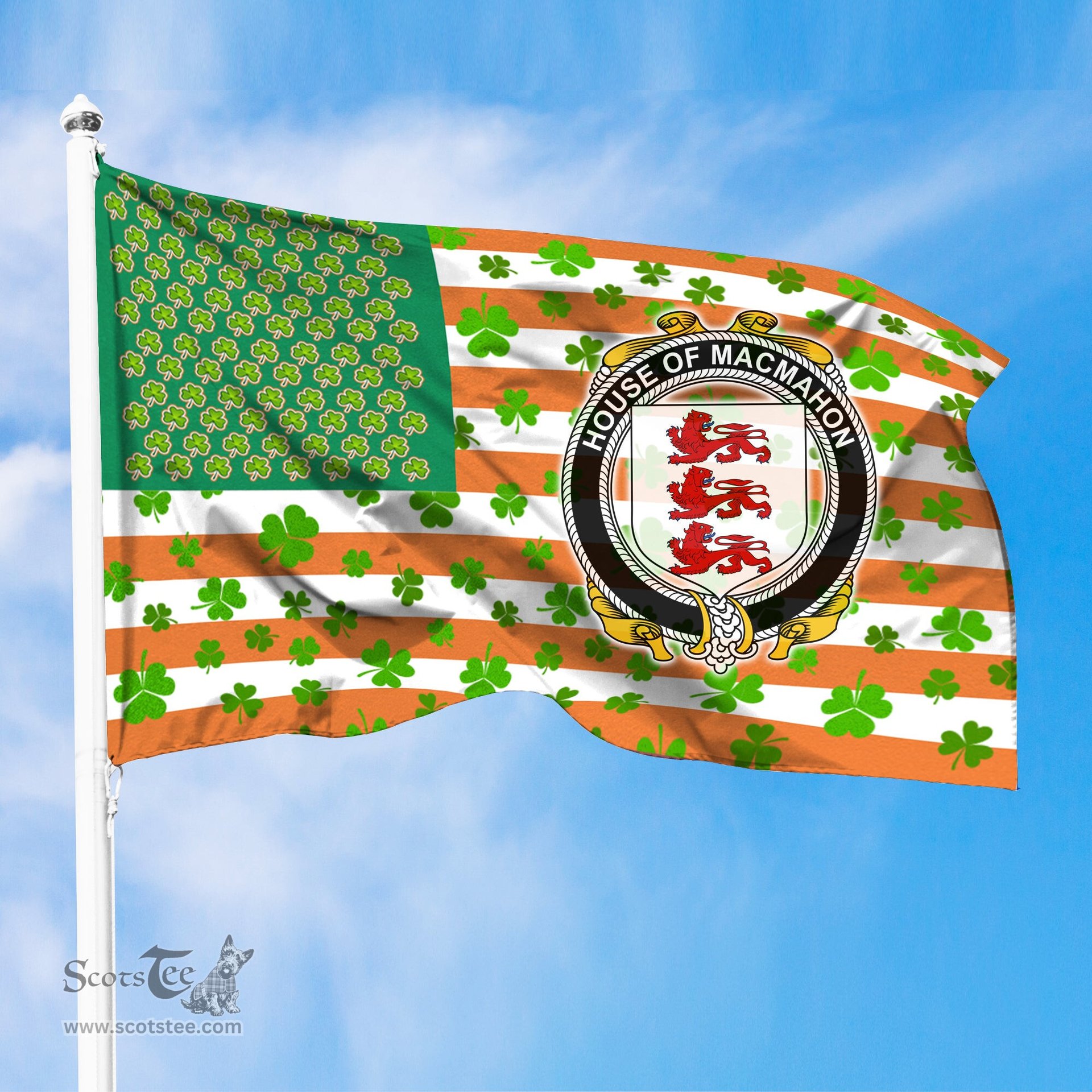 ScotsTee Shop Irish House of MACMAHON (Thomond) Coat of Arms Irish Family Crest Flag Shamrock American Irish Flag
