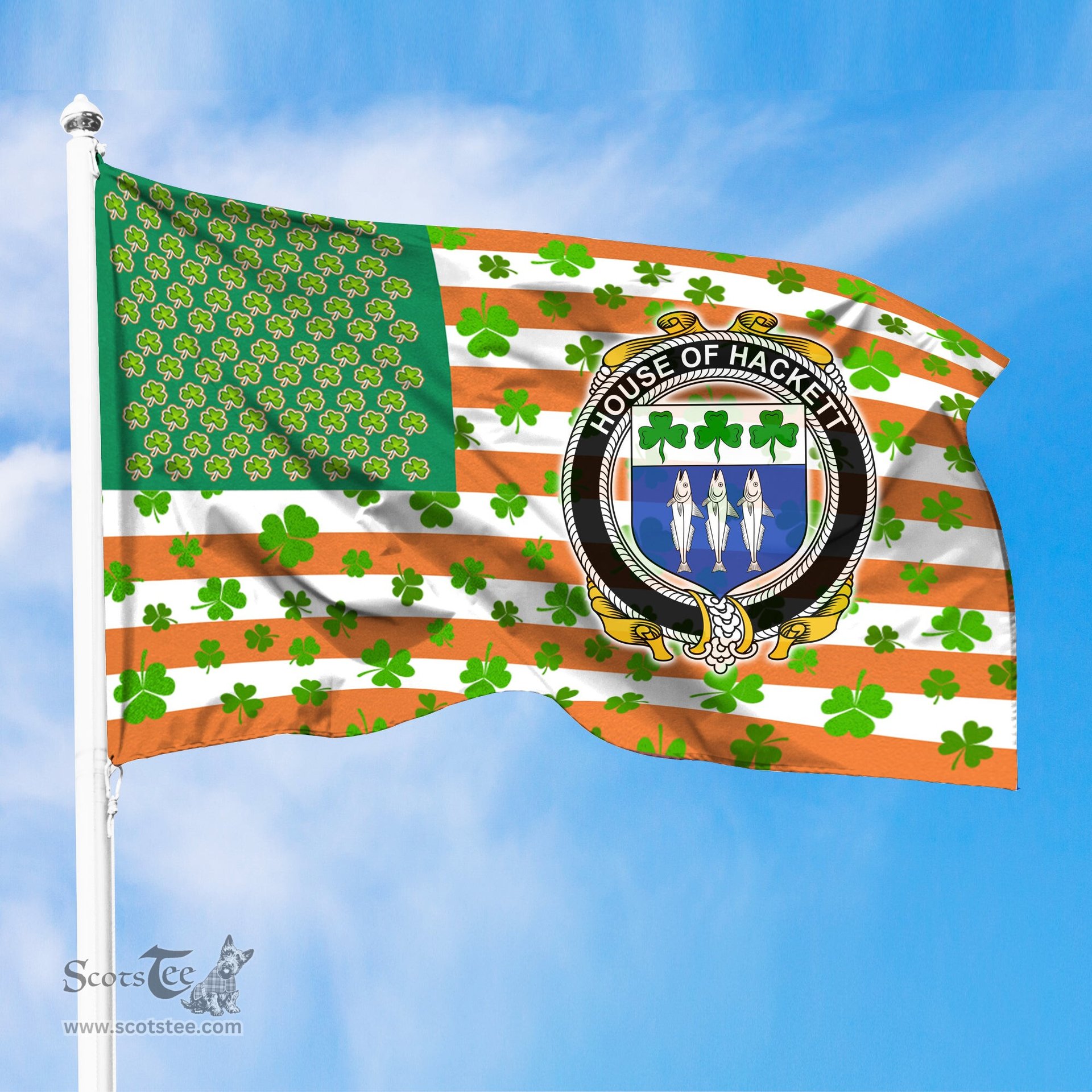 ScotsTee Shop Irish House of HACKETT Coat of Arms Irish Family Crest Flag Shamrock American Irish Flag