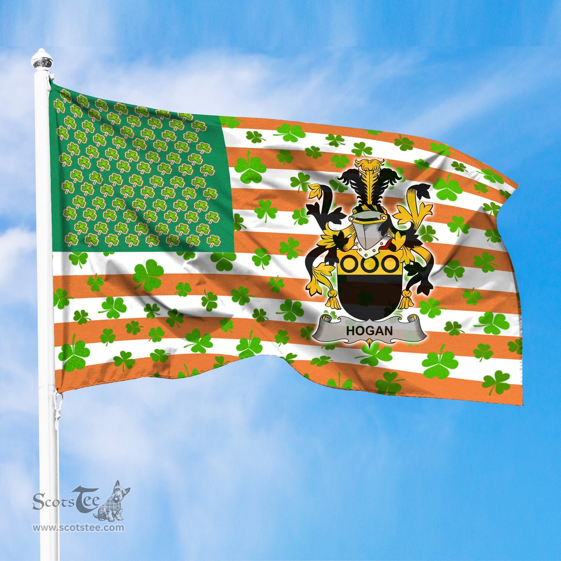 ScotsTee Shop Irish Hogan or O Hogan Coat of Arms Irish Family Crest Flag Shamrock American Irish Flag