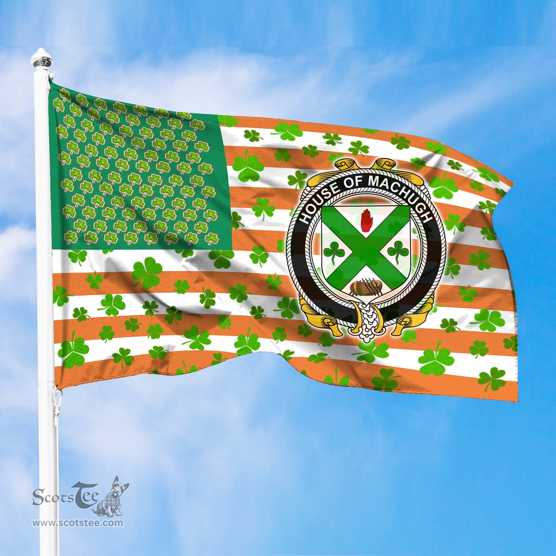 ScotsTee Shop Irish House of MACHUGH Coat of Arms Irish Family Crest Flag Shamrock American Irish Flag