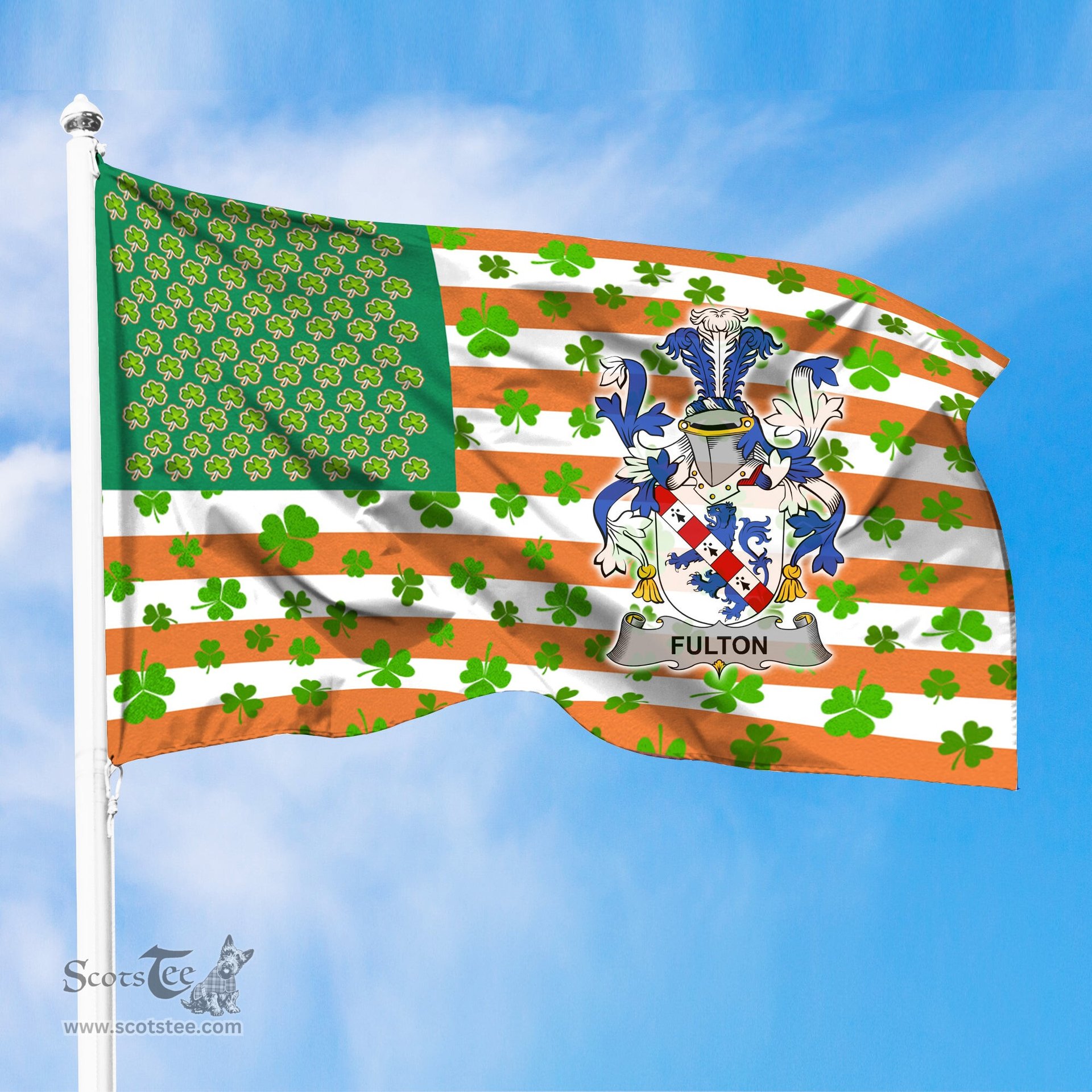 ScotsTee Shop Irish Fulton Coat of Arms Irish Family Crest Flag Shamrock American Irish Flag