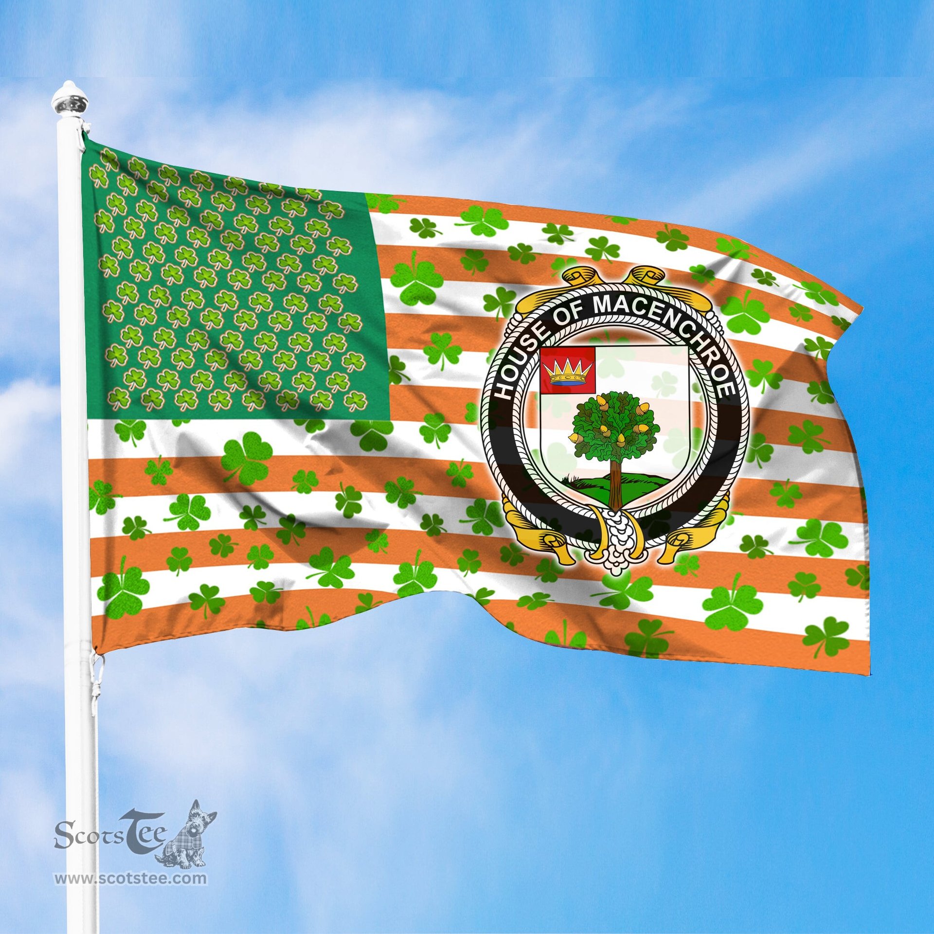 ScotsTee Shop Irish House of MACENCHROE Coat of Arms Irish Family Crest Flag Shamrock American Irish Flag
