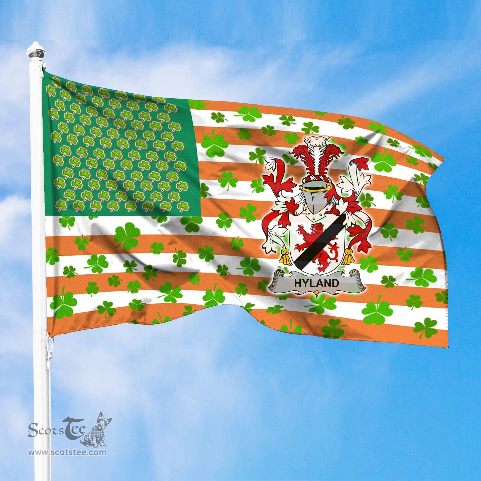 ScotsTee Shop Irish Hyland or O Hyland Coat of Arms Irish Family Crest Flag Shamrock American Irish Flag
