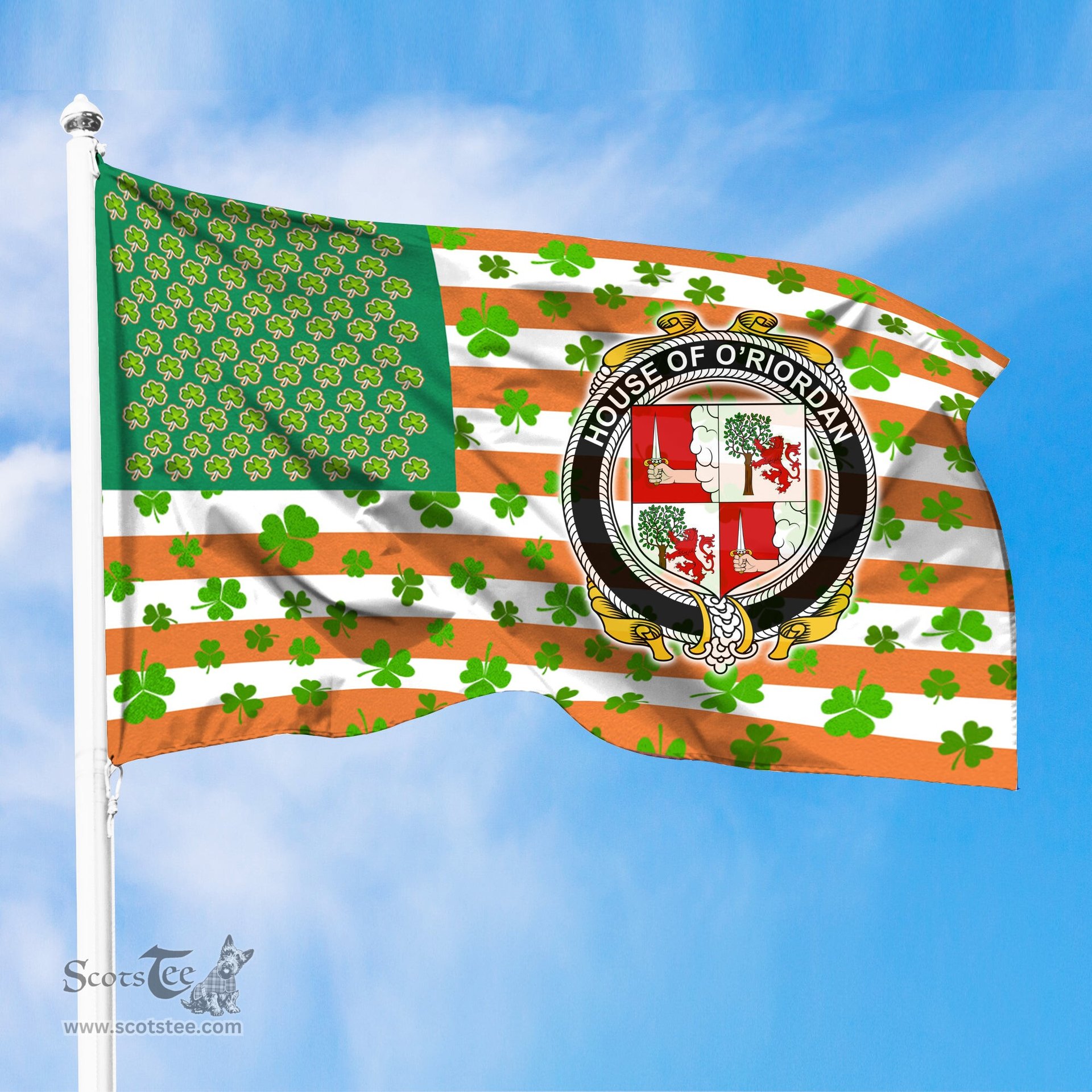 ScotsTee Shop Irish House of O RIORDAN Coat of Arms Irish Family Crest Flag Shamrock American Irish Flag