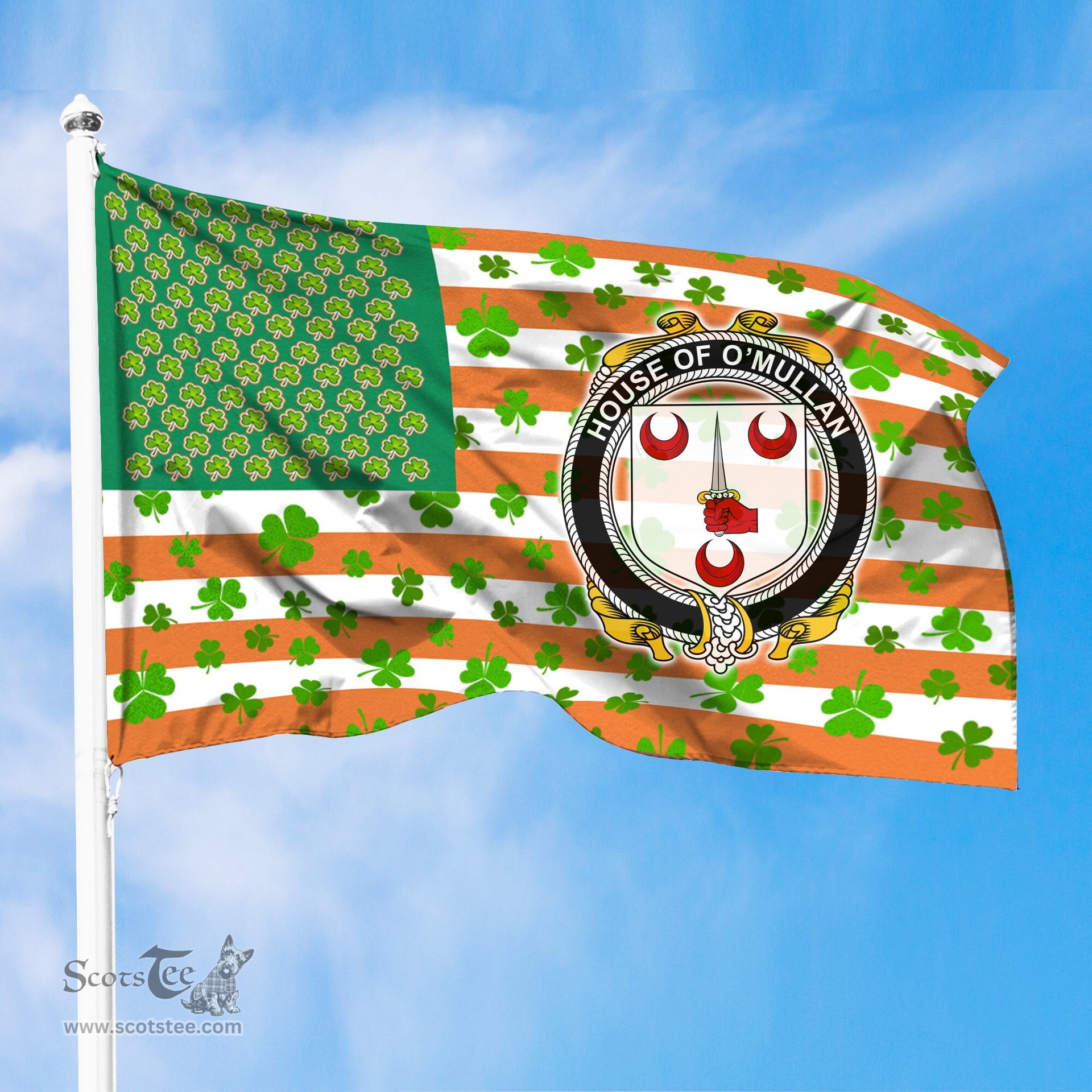 ScotsTee Shop Irish House of O MULLAN Coat of Arms Irish Family Crest Flag Shamrock American Irish Flag